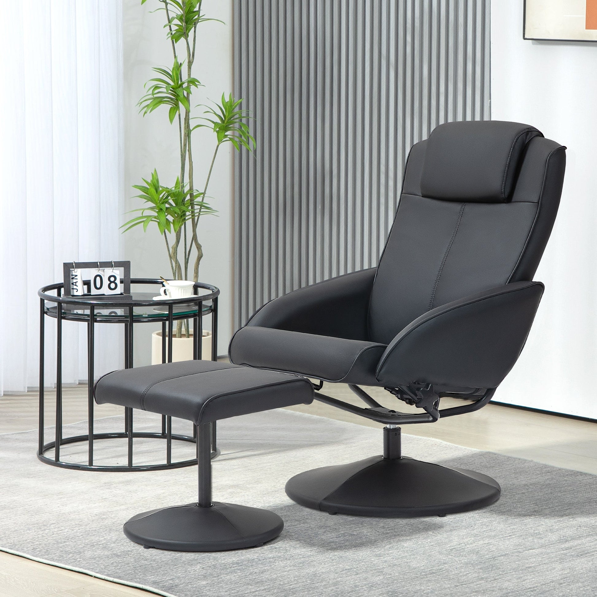 HOMCOM Recliner Chair and Footstool, Swivel PU Leather Upholstered Armchair with Footstool and Adjustable Backrest for Living Room, Bedroom, Black