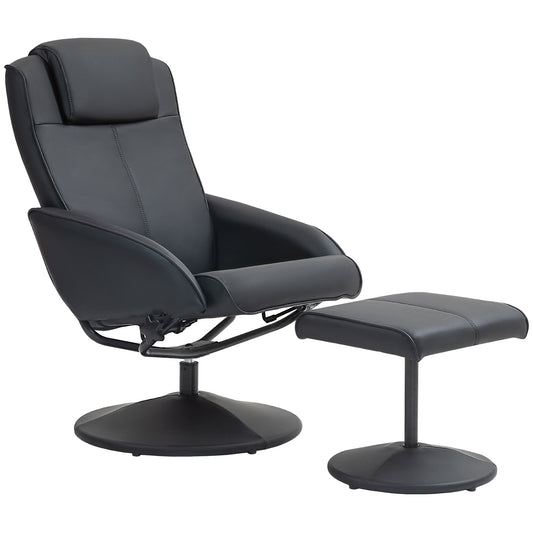 HOMCOM Recliner Chair and Footstool, Swivel PU Leather Upholstered Armchair with Footstool and Adjustable Backrest for Living Room, Bedroom, Black