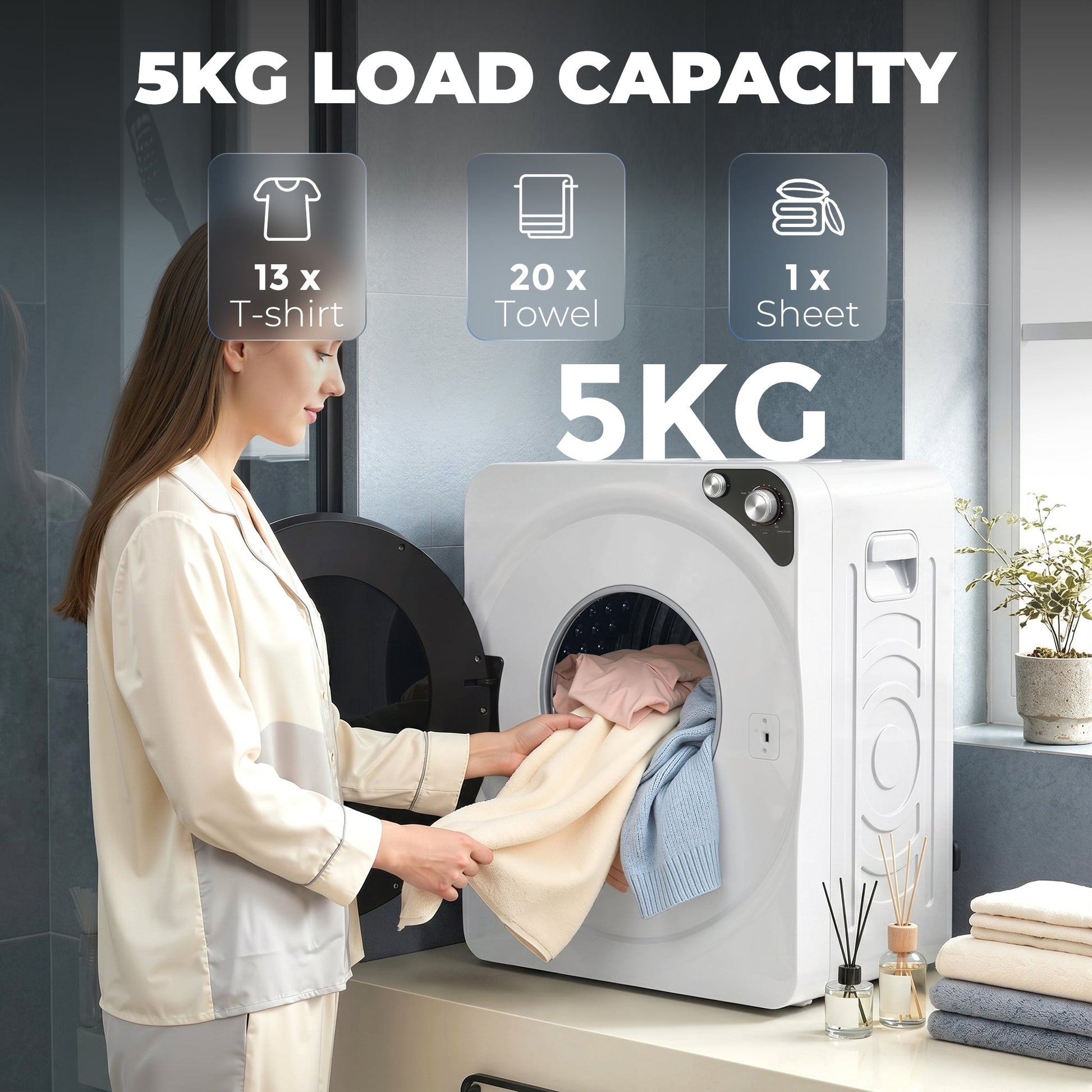 5kg Vented Tumble Dryer, 1000W Compact Front Tumble Dryer with Smart Drying, Stainless Steel Tub, Freestanding Stackable Clothes Drying Machine, White
