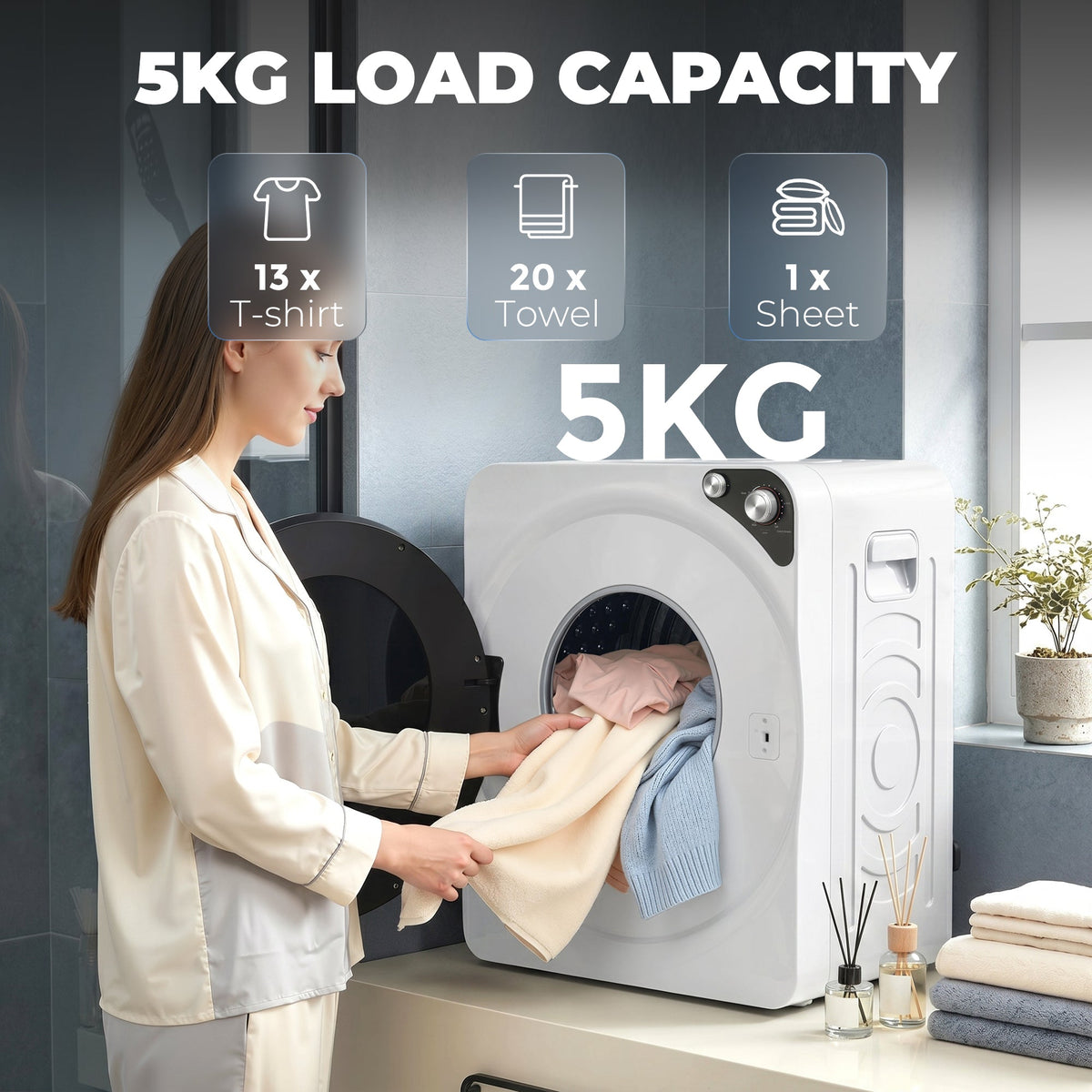 5kg Vented Tumble Dryer, 1000W Compact Front Tumble Dryer with Smart Drying, Stainless Steel Tub, Freestanding Stackable Clothes Drying Machine, White