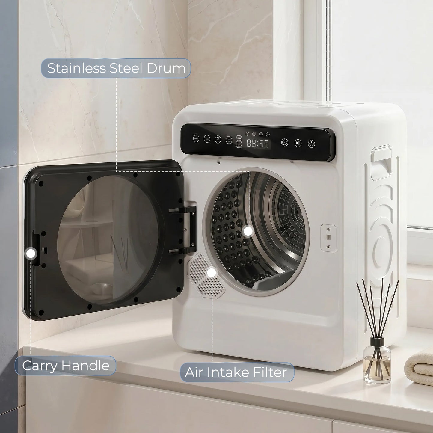 5kg Vented Tumble Dryer, 1000W Compact Front Tumble Dryer with Smart Drying, Stainless Steel Tub, Freestanding Stackable Clothes Drying Machine, White