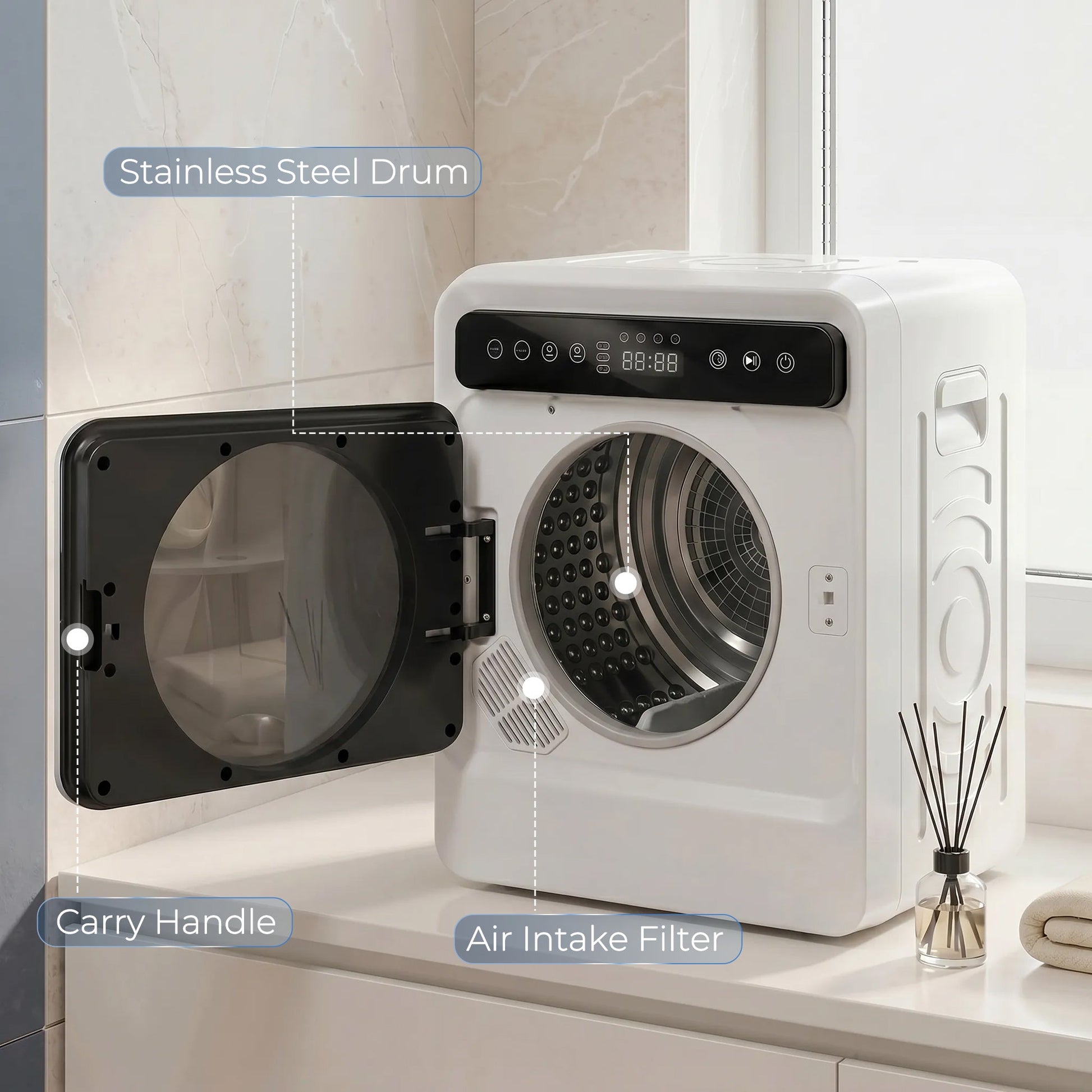 5kg Vented Tumble Dryer, 1000W Compact Front Tumble Dryer with Smart Drying, Stainless Steel Tub, Freestanding Stackable Clothes Drying Machine, White