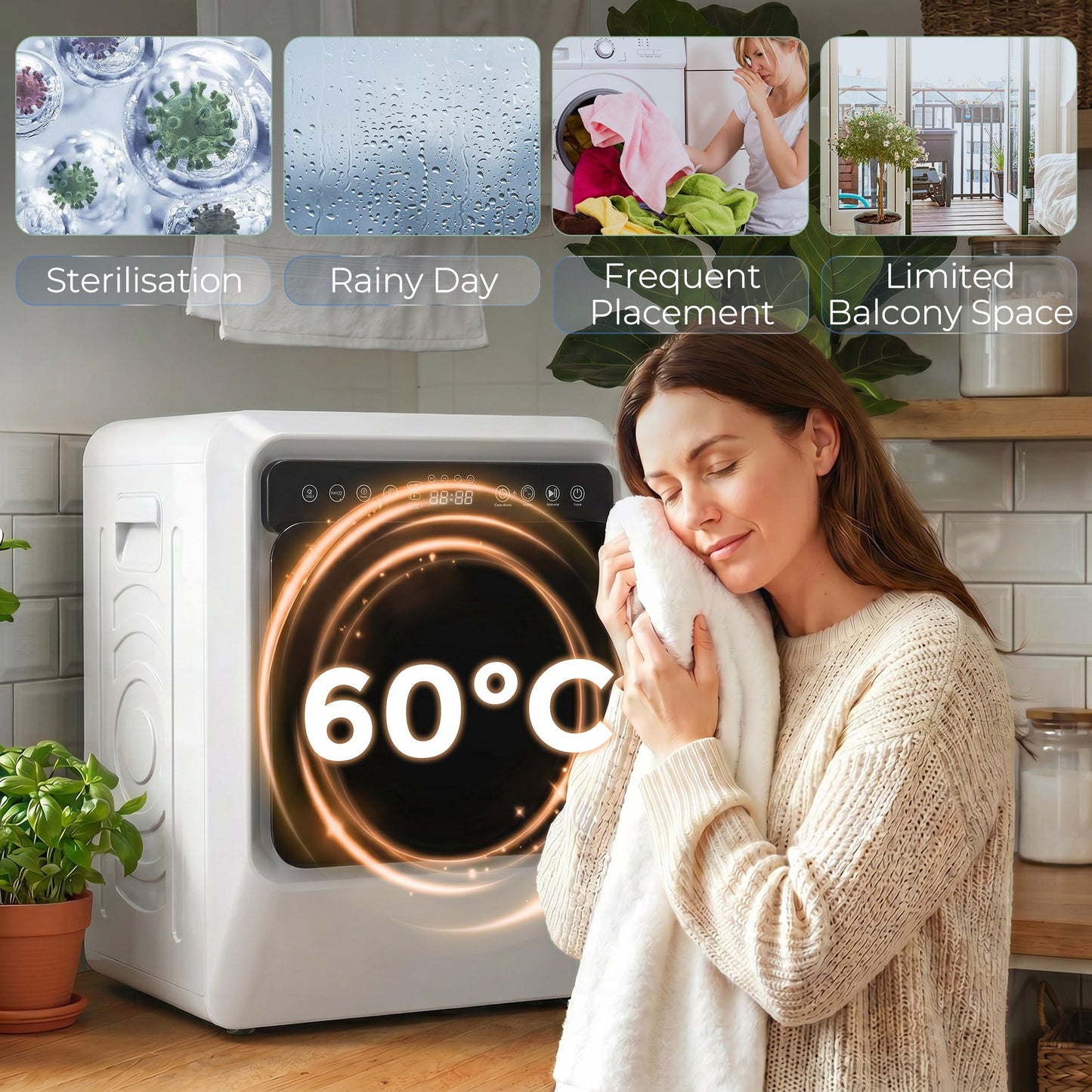 5kg Vented Tumble Dryer, 1000W Compact Front Tumble Dryer with Smart Drying, Stainless Steel Tub, Freestanding Stackable Clothes Drying Machine, White