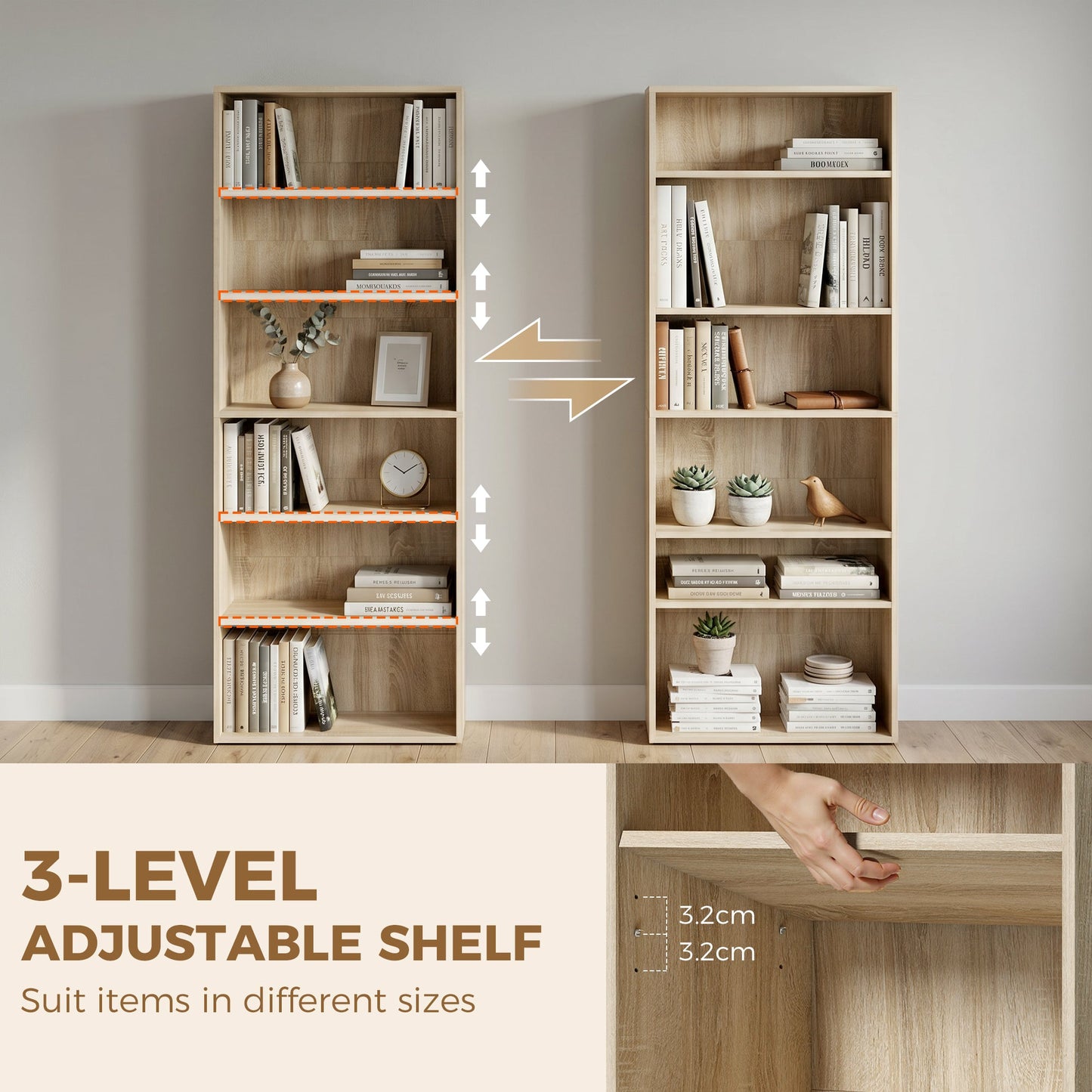 6 Tier Bookshelf, Freestanding Bookcase with Adjustable Shelves, Display Storage Unit for Living Room, Bedroom, Study, 60 x 24 x 158.5 cm, Oak Wood Effect