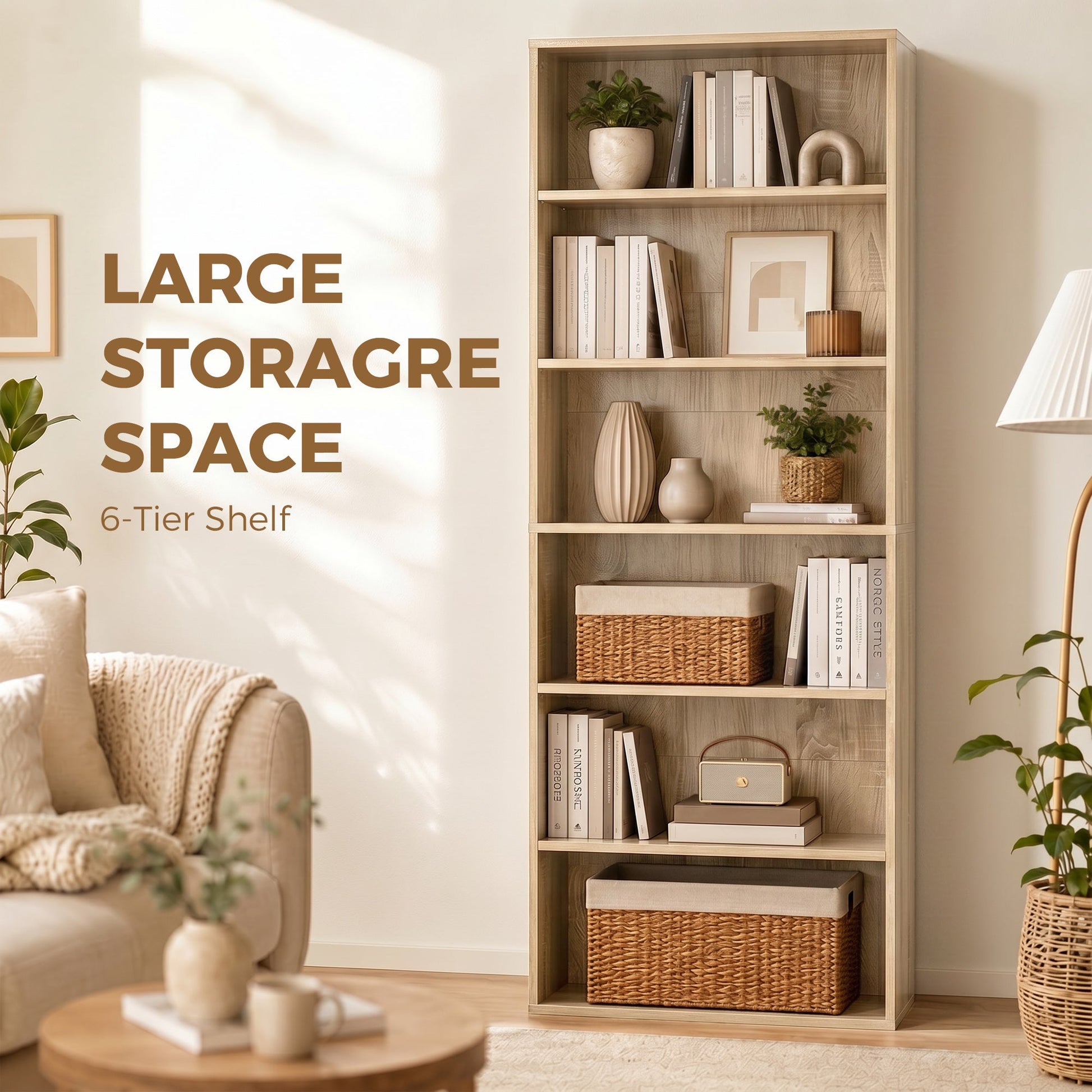 6 Tier Bookshelf, Freestanding Bookcase with Adjustable Shelves, Display Storage Unit for Living Room, Bedroom, Study, 60 x 24 x 158.5 cm, Oak Wood Effect