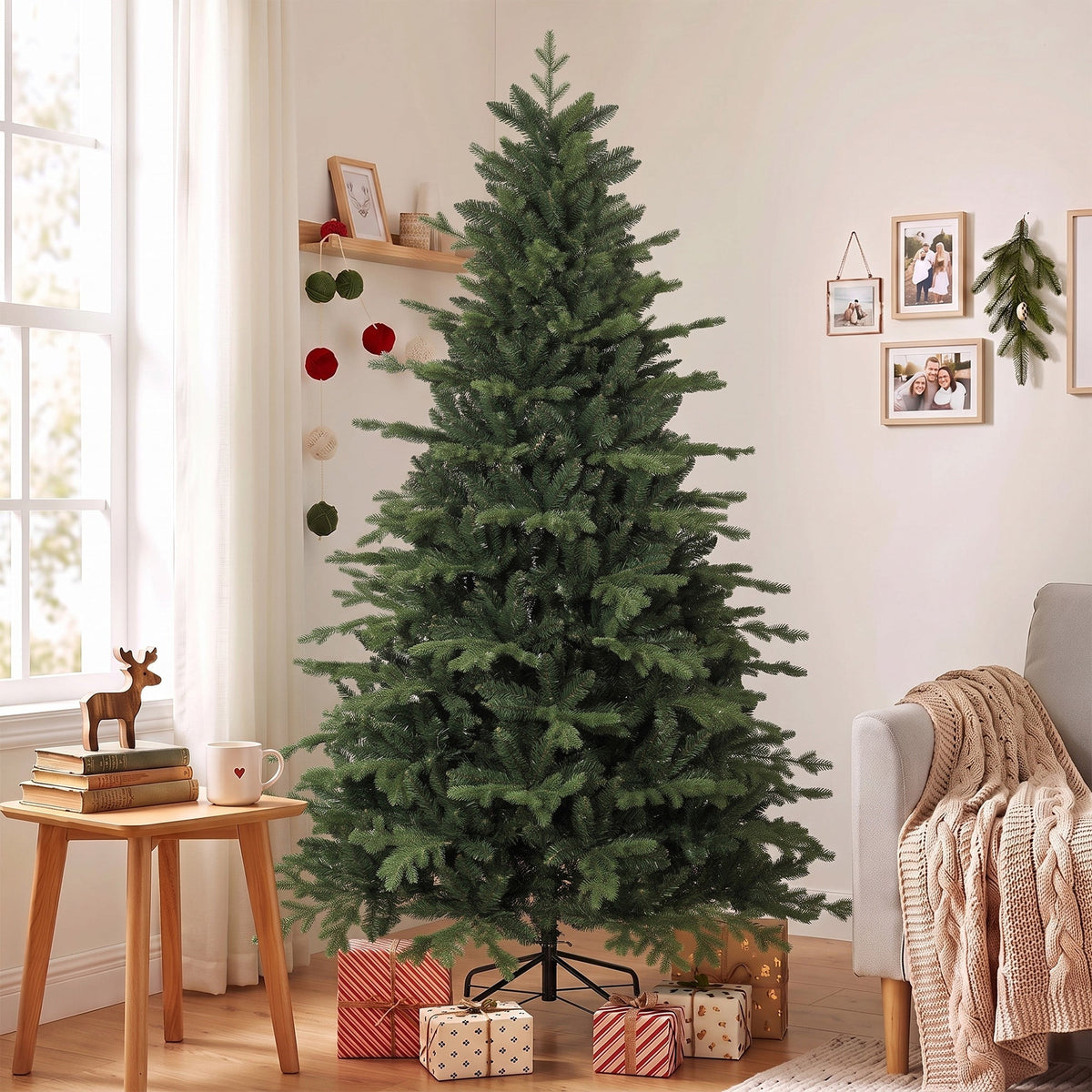 7ft Artificial Christmas Tree with 2080 Realistic Tips, Hinged Xmas Tree with Wide Shape, Foldable Metal Base for Home Office Holiday Decoration, Green