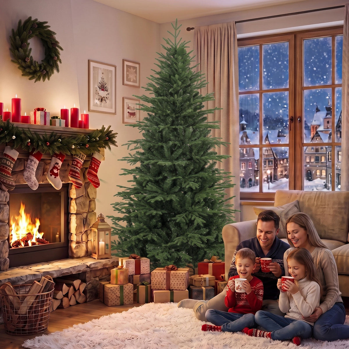 7ft Artificial Christmas Tree with 2080 Realistic Tips, Hinged Xmas Tree with Wide Shape, Foldable Metal Base for Home Office Holiday Decoration, Green
