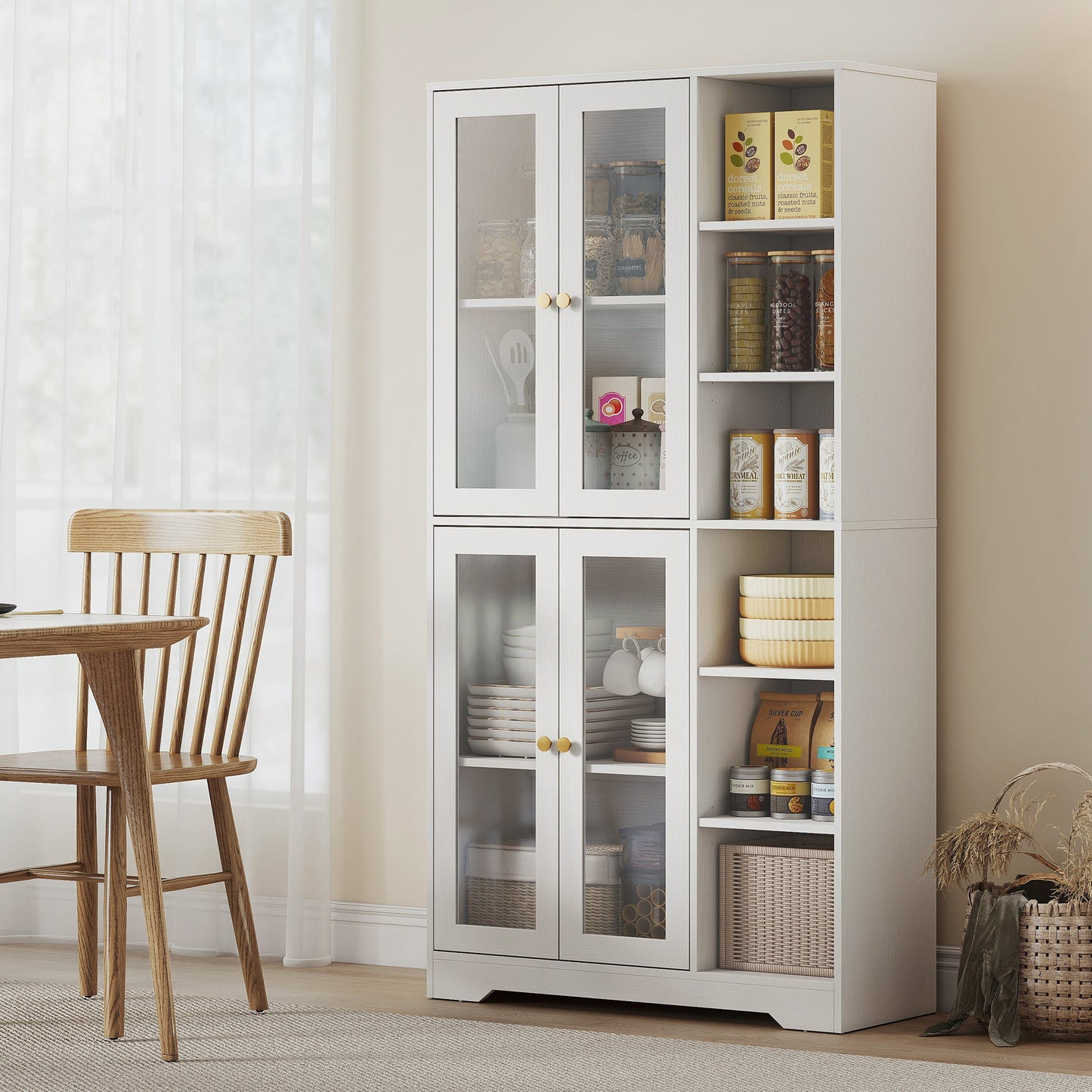 172 cm Tall Kitchen Cupboard, Pantry Storage Cabinet with Tempered Glass Doors and Soft-Close Hinges, Freestanding Kitchen Cabinet with Adjustable Shelves and 6 Open Shelves, White