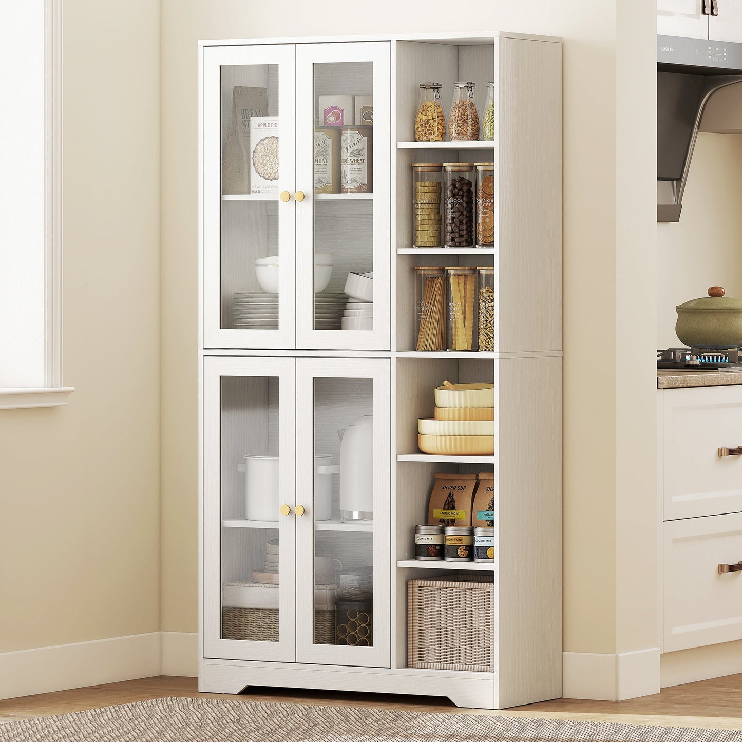 172 cm Tall Kitchen Cupboard, Pantry Storage Cabinet with Tempered Glass Doors and Soft-Close Hinges, Freestanding Kitchen Cabinet with Adjustable Shelves and 6 Open Shelves, White