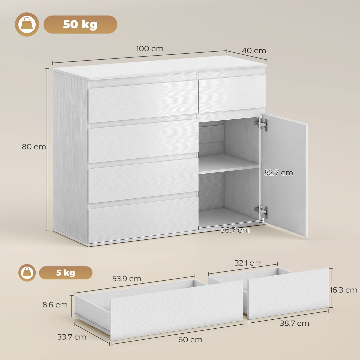 Modern Sideboard, Sideboard Storage Cabinet with 5 Drawers, Adjustable Shelf, Soft-Close Door, Storage Cupboard for Dining Room, Kitchen, Living Room, White
