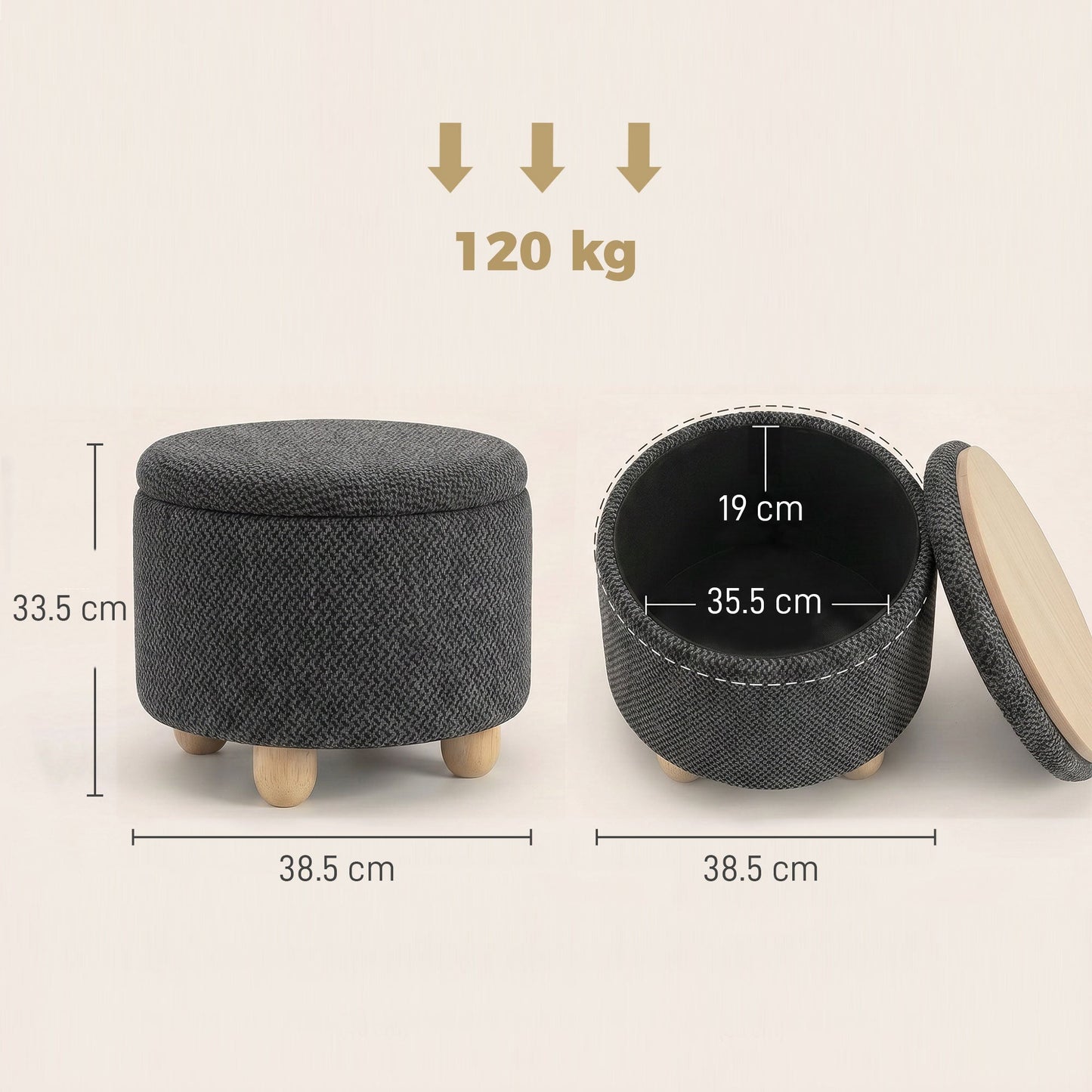 Storage Ottoman, Burlap Fabric Round Small Ottoman Foot Rest with Lid, Rubberwood Legs, End of Bed Bench Footstool for Bedroom, Hallway, Living Room, 38.5 x 38.5 cm, Dark Grey
