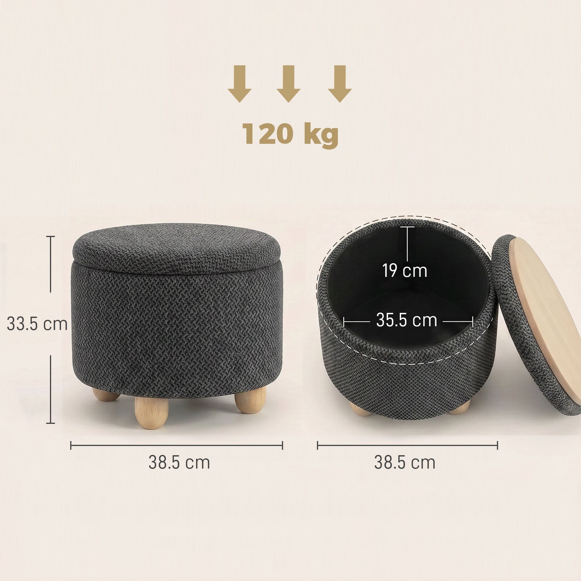 Storage Ottoman, Burlap Fabric Round Small Ottoman Foot Rest with Lid, Rubberwood Legs, End of Bed Bench Footstool for Bedroom, Hallway, Living Room, 38.5 x 38.5 cm, Dark Grey