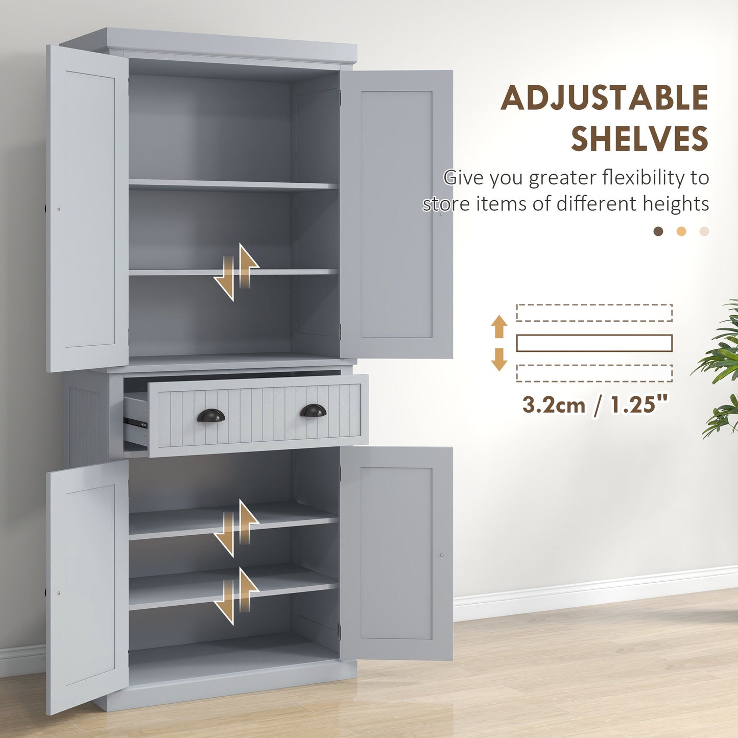 HOMCOM 183cm Freestanding Kitchen Cupboard, Tall Storage Cabinet with 4 Doors and 3 Adjustable Shelves, Traditional Kitchen Pantry Cupboard for Dining Room, Grey