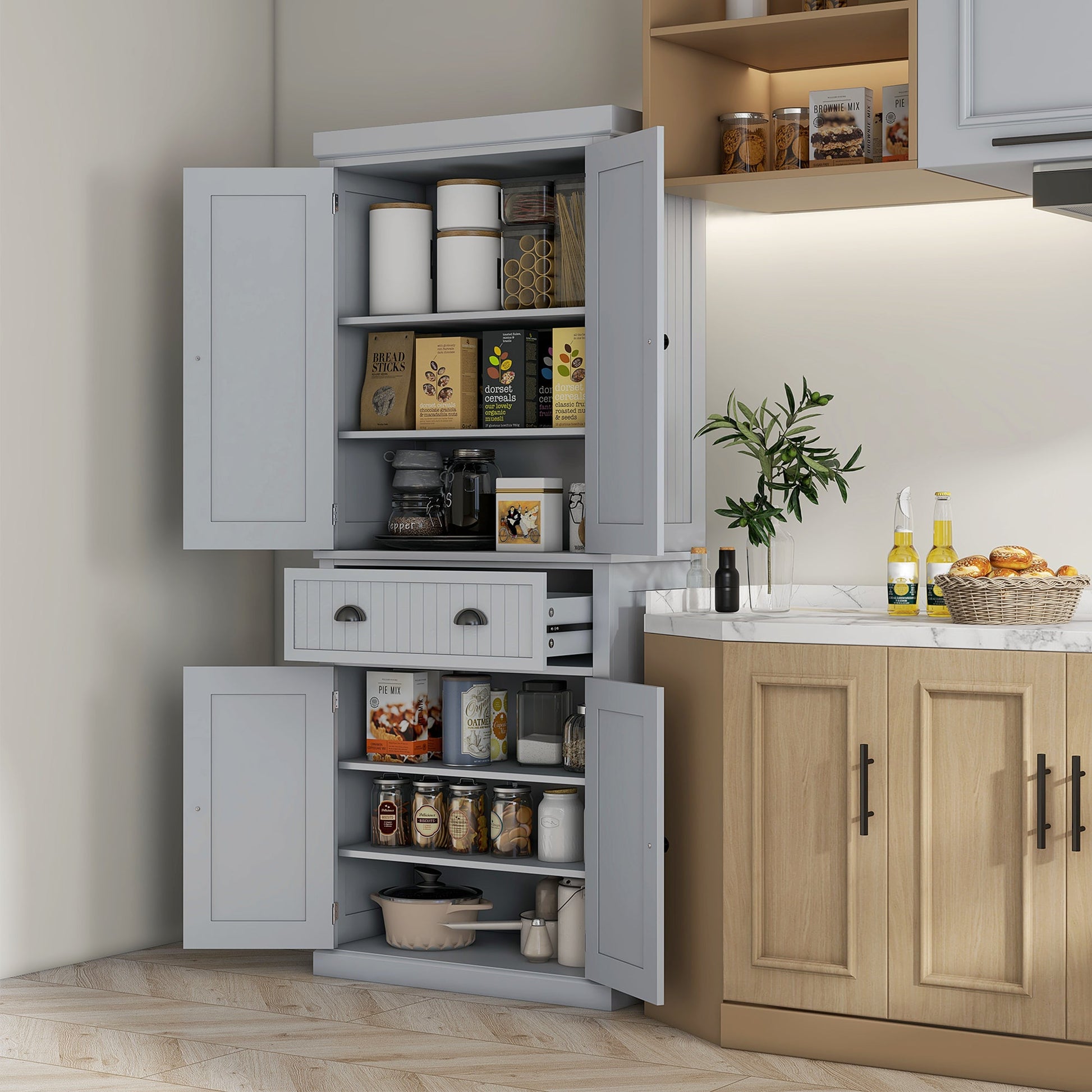 HOMCOM 183cm Freestanding Kitchen Cupboard, Tall Storage Cabinet with 4 Doors and 3 Adjustable Shelves, Traditional Kitchen Pantry Cupboard for Dining Room, Grey