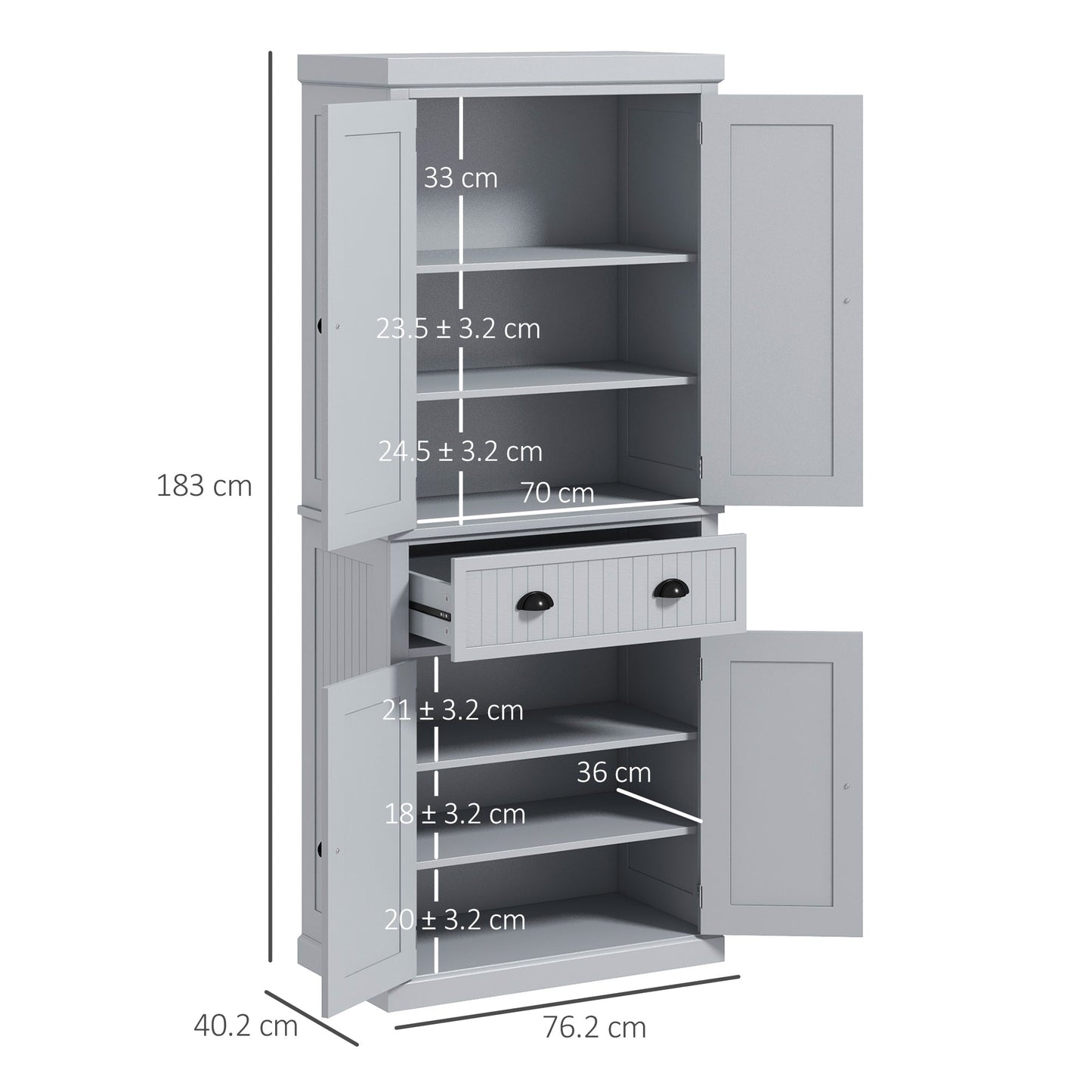 HOMCOM 183cm Freestanding Kitchen Cupboard, Tall Storage Cabinet with 4 Doors and 3 Adjustable Shelves, Traditional Kitchen Pantry Cupboard for Dining Room, Grey