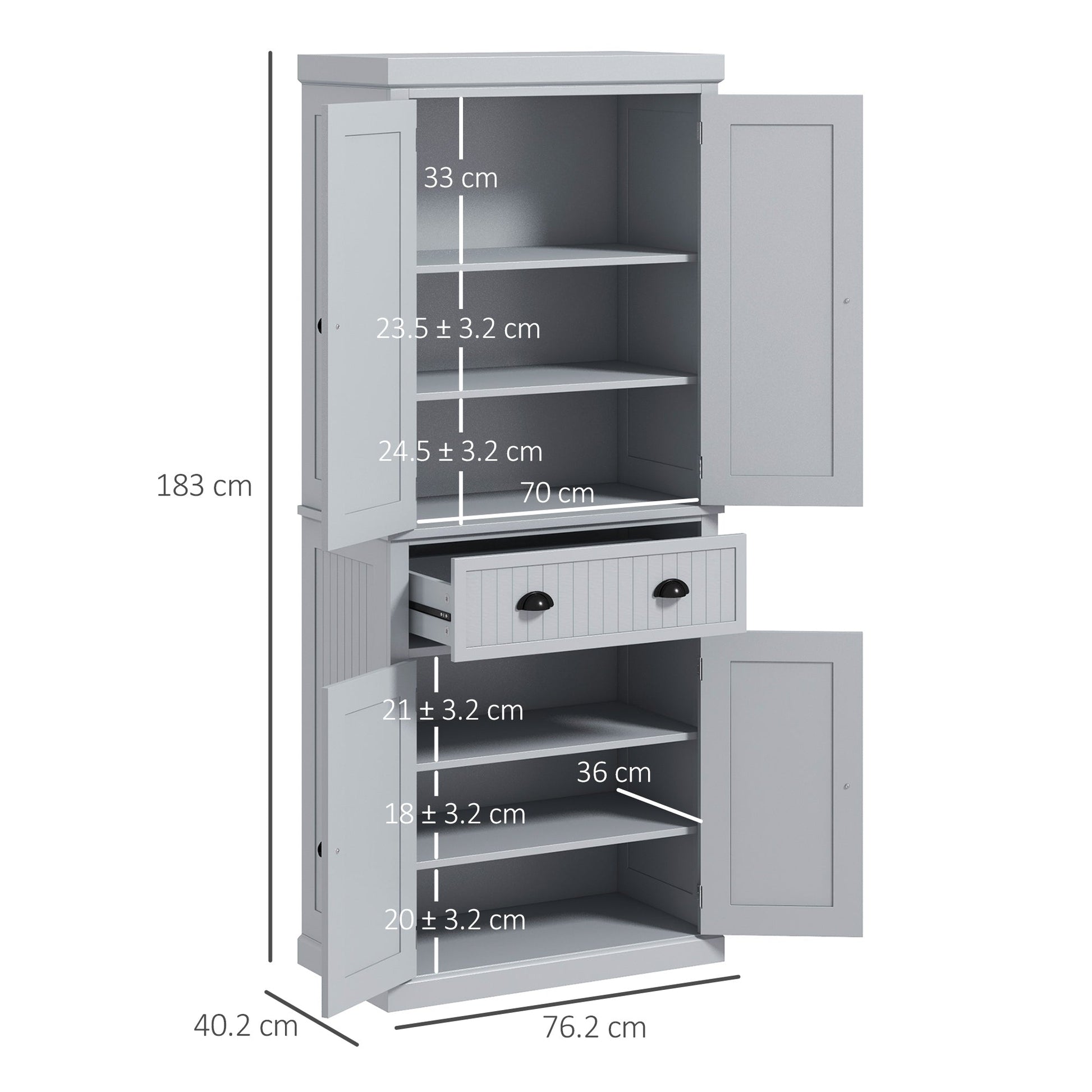 HOMCOM 183cm Freestanding Kitchen Cupboard, Tall Storage Cabinet with 4 Doors and 3 Adjustable Shelves, Traditional Kitchen Pantry Cupboard for Dining Room, Grey