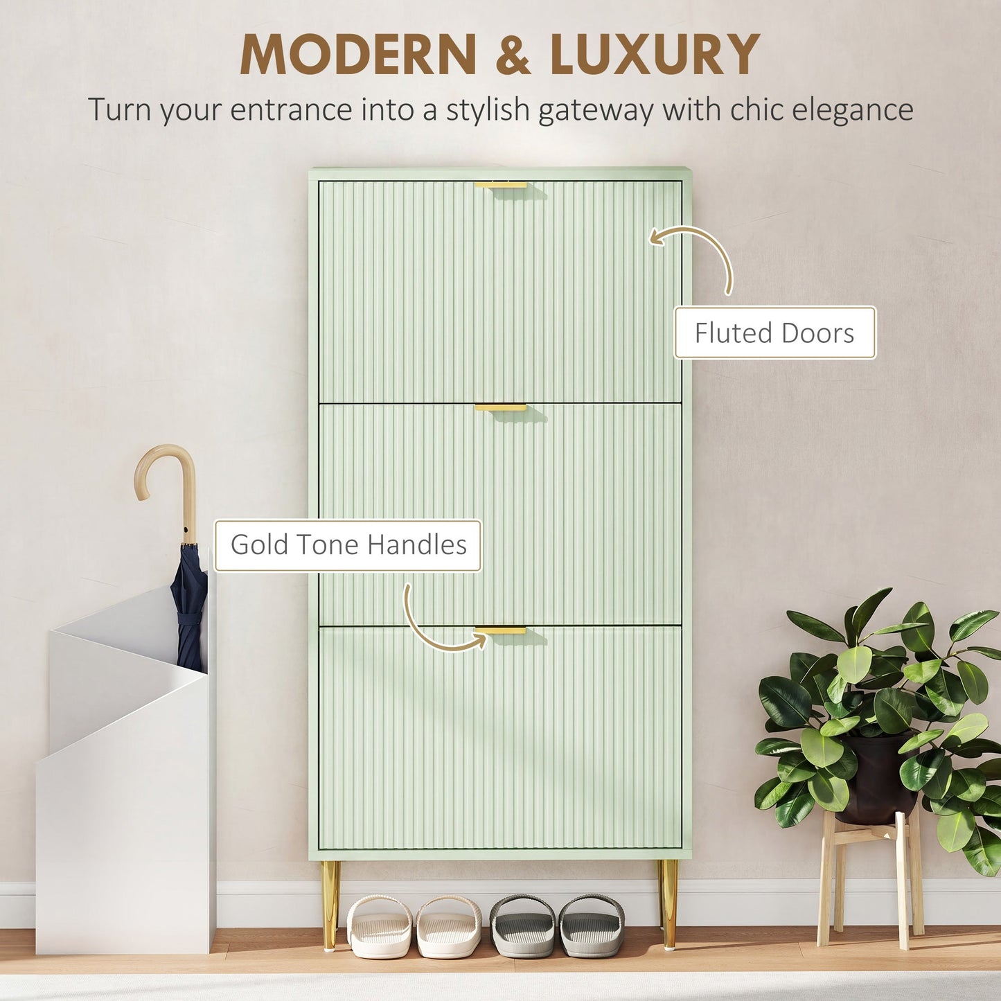 Narrow Shoe Cabinet with 3 Flip Drawers, Modern Slim Shoe Storage Cabinet with Fluted Doors and Adjustable Shelves for Hallway, Holds 9-18 Pairs, Light Green