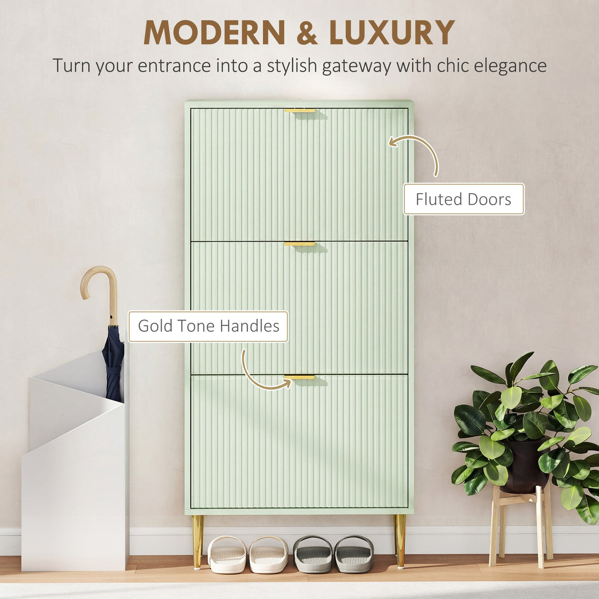 Narrow Shoe Cabinet with 3 Flip Drawers, Modern Slim Shoe Storage Cabinet with Fluted Doors and Adjustable Shelves for Hallway, Holds 9-18 Pairs, Light Green