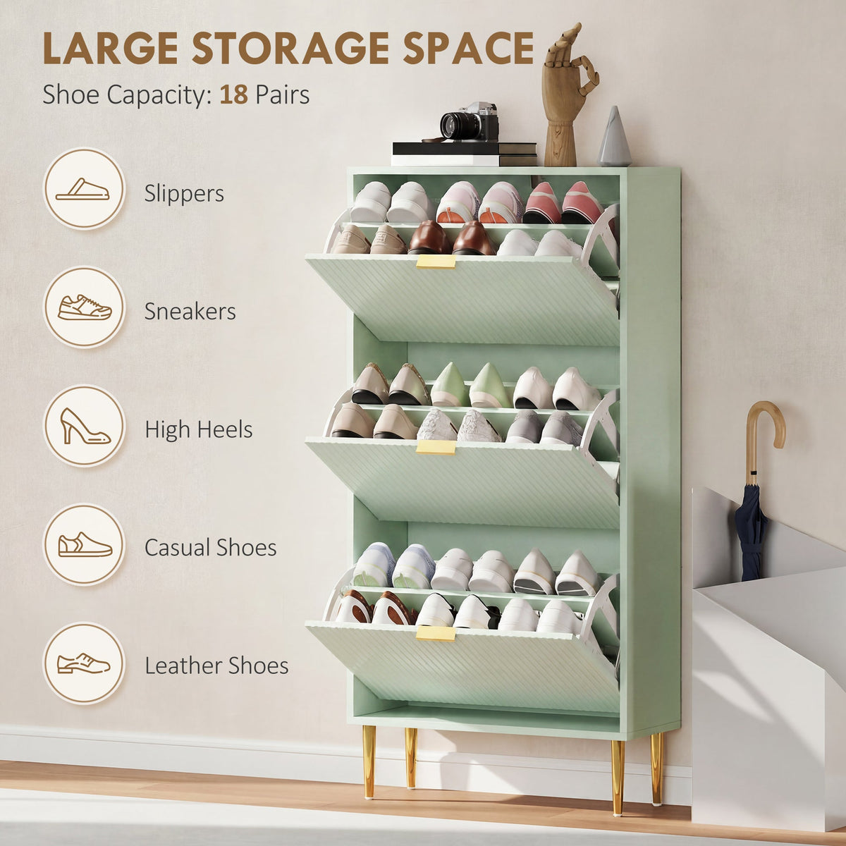 Narrow Shoe Cabinet with 3 Flip Drawers, Modern Slim Shoe Storage Cabinet with Fluted Doors and Adjustable Shelves for Hallway, Holds 9-18 Pairs, Light Green