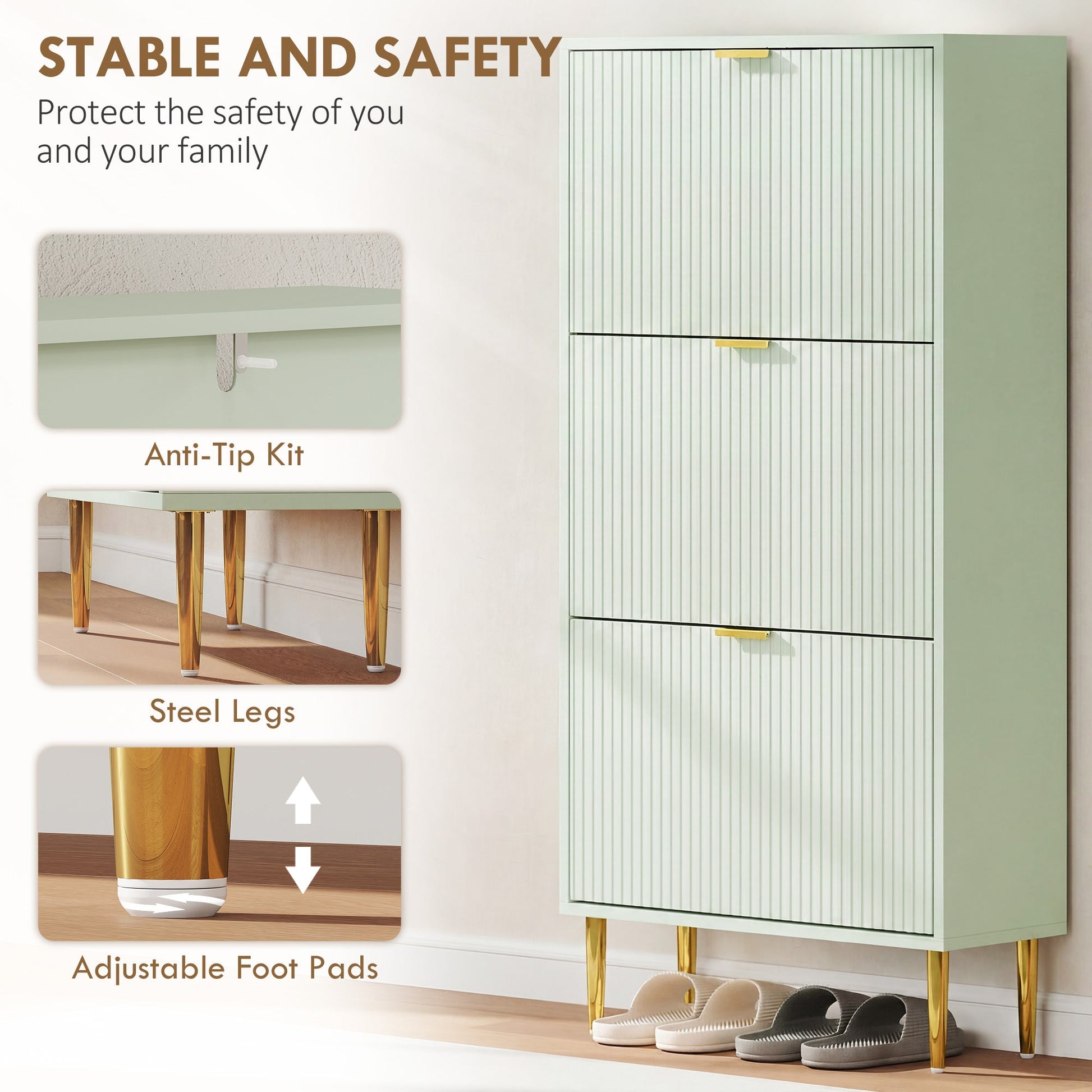 Narrow Shoe Cabinet with 3 Flip Drawers, Modern Slim Shoe Storage Cabinet with Fluted Doors and Adjustable Shelves for Hallway, Holds 9-18 Pairs, Light Green