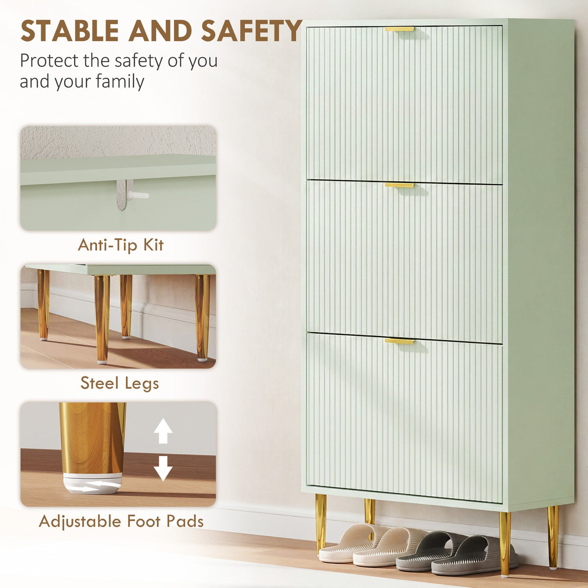 Narrow Shoe Cabinet with 3 Flip Drawers, Modern Slim Shoe Storage Cabinet with Fluted Doors and Adjustable Shelves for Hallway, Holds 9-18 Pairs, Light Green