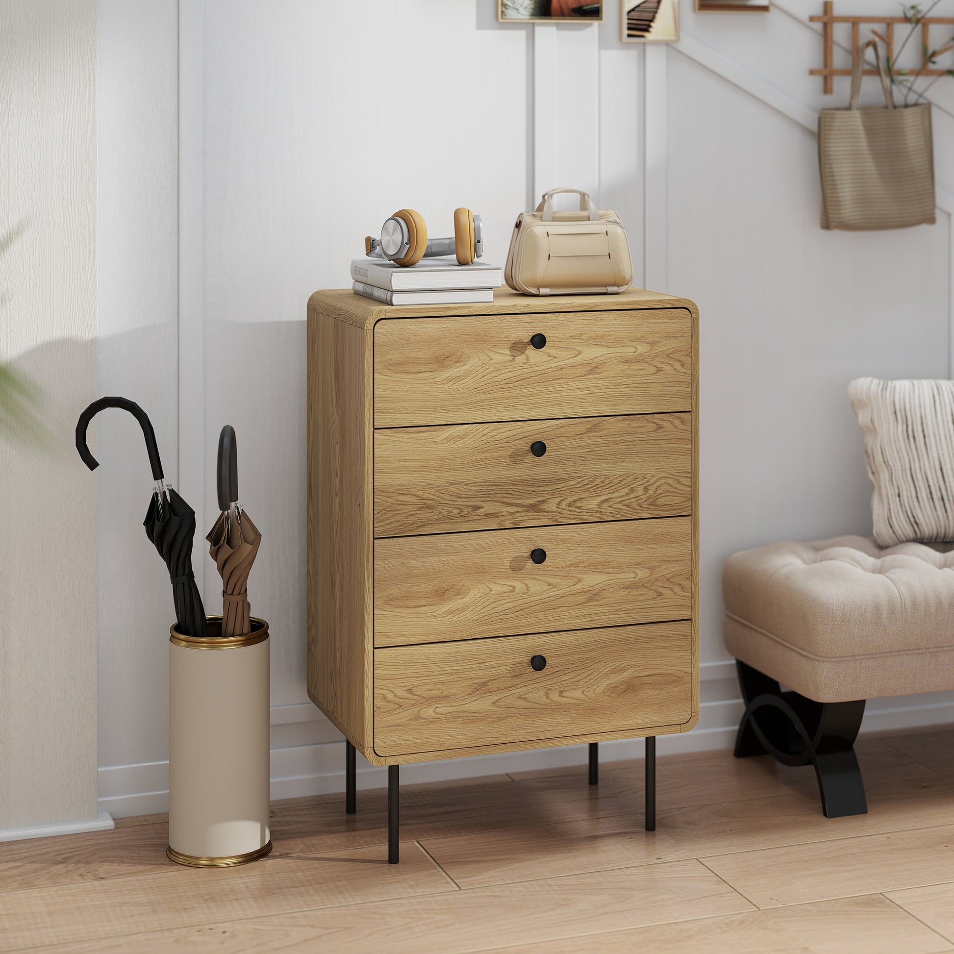 Modern Chest of Drawers with 4 Drawers, Dresser with Wood Handles and Steel Legs for Bedroom, Living Room, Entryway, Oak