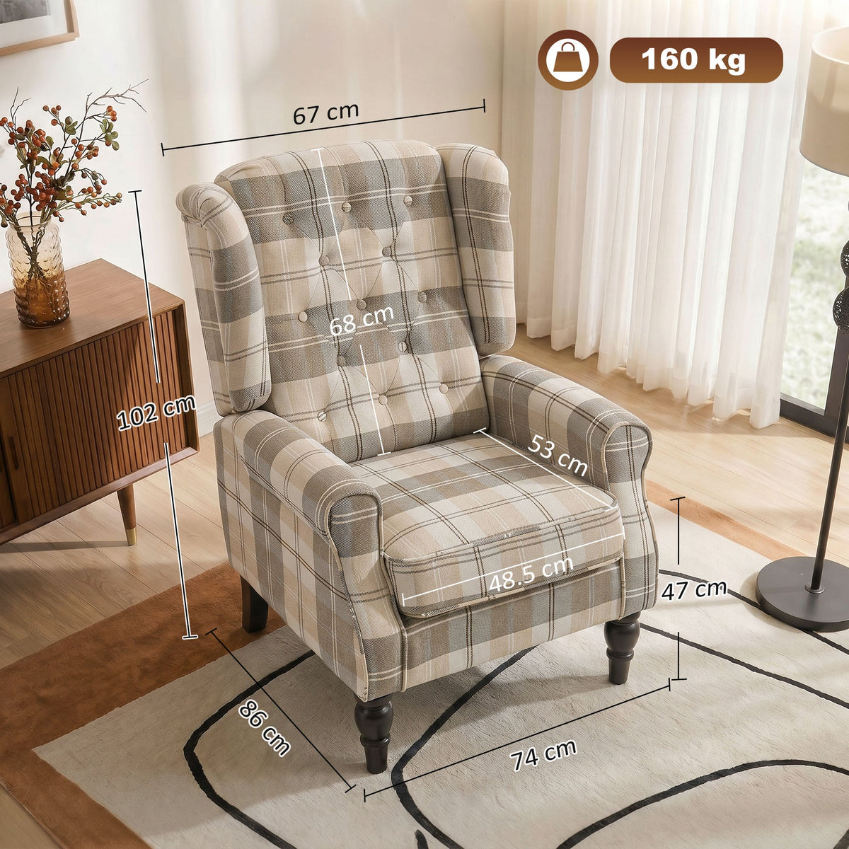 Wingback Accent Chair, Linen-Look Fabric Armchair with Thick Spring Cushion, High Back, Solid Wood Legs, Retro Button Tufted Reading Chair for Living Room, Bedroom, Khaki Plaid