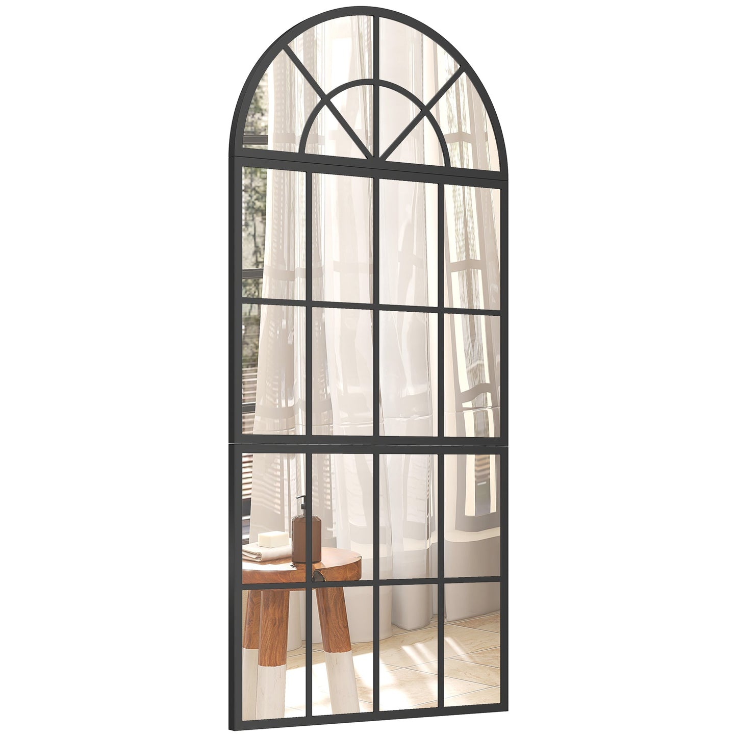 120 x 54 cm, Modern Large Arched Wall Mirror with Metal Grid, 3-Piece Split Window Mirrors with Tempered Glass for Window Decoration, Bedroom and Entryway, Black