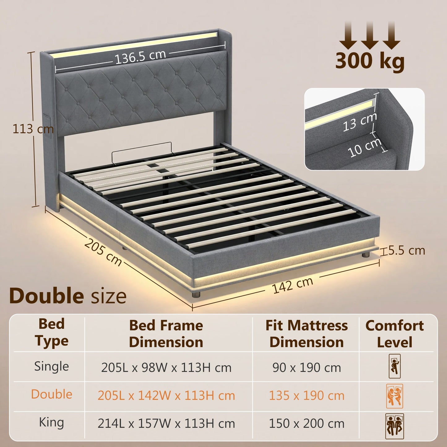 4ft6 Double Ottoman Bed Frame with Hydraulic Storage, APP Control LED Lights and Charging Station, Upholstered Lift Up Storage Bed Frame with Headboard, No Box Spring Needed, Dark Grey