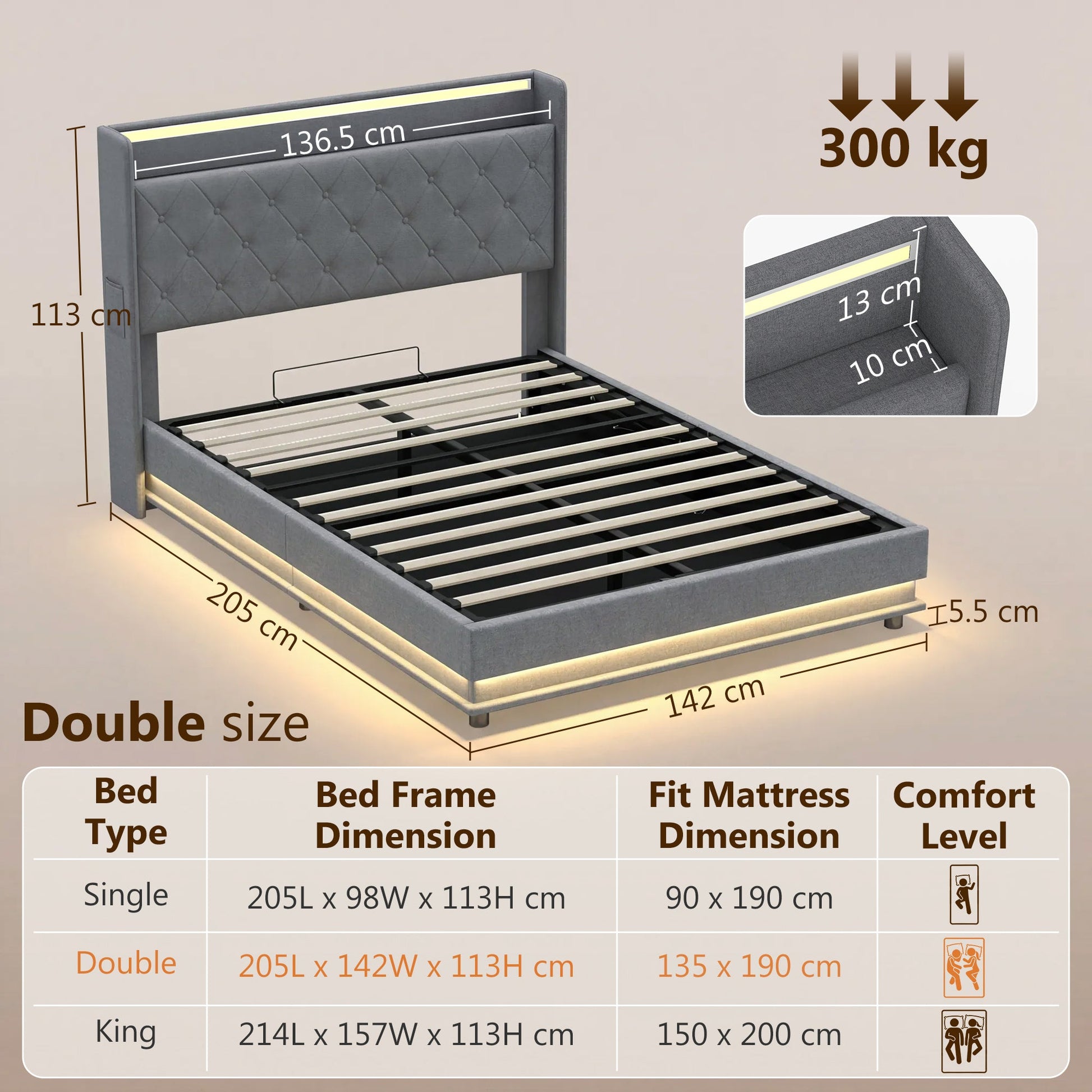 4ft6 Double Ottoman Bed Frame with Hydraulic Storage, APP Control LED Lights and Charging Station, Upholstered Lift Up Storage Bed Frame with Headboard, No Box Spring Needed, Dark Grey