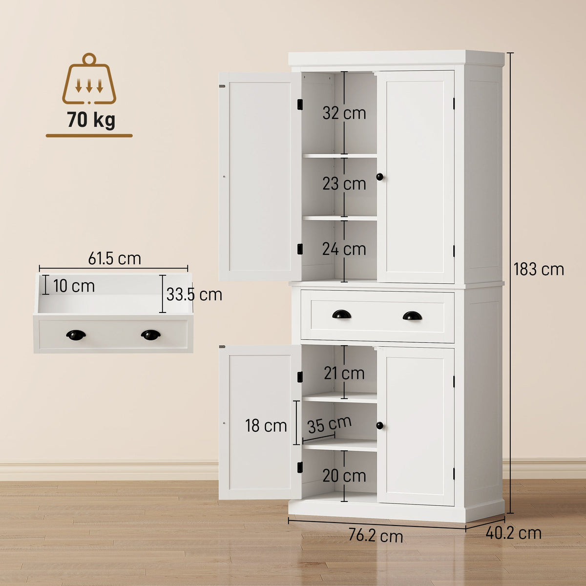 Tall Kitchen Cupboard, 183 cm Freestanding Storage Cabinet with Drawer, 4 Doors and Adjustable Shelves, Kitchen Pantry Cupboard for Living Room, Dining Room, White