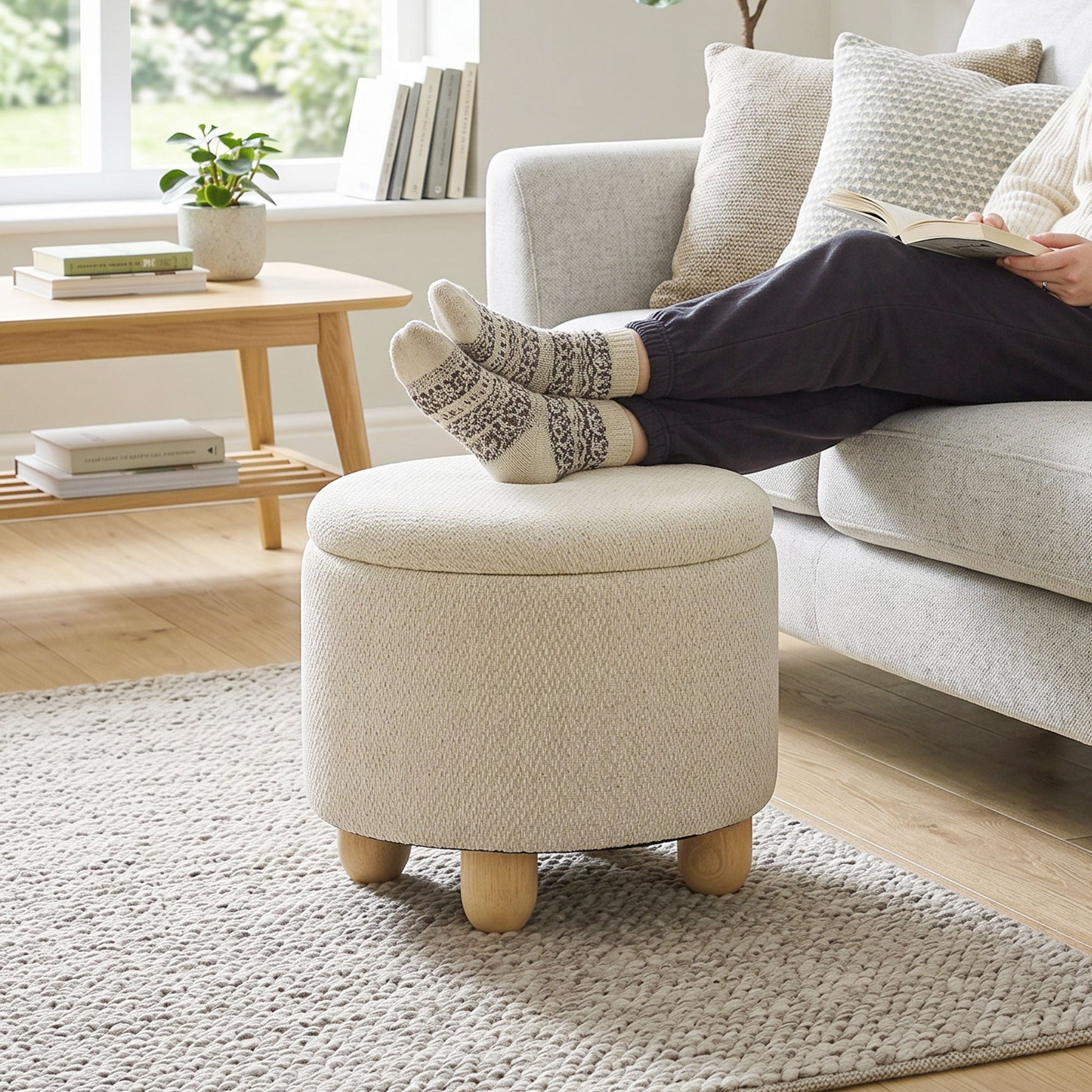 Storage Ottoman, Burlap Fabric Round Small Ottoman Foot Rest with Lid, Rubberwood Legs, End of Bed Bench Footstool for Bedroom, Hallway, Living Room, 38.5 x 38.5 cm, Beige