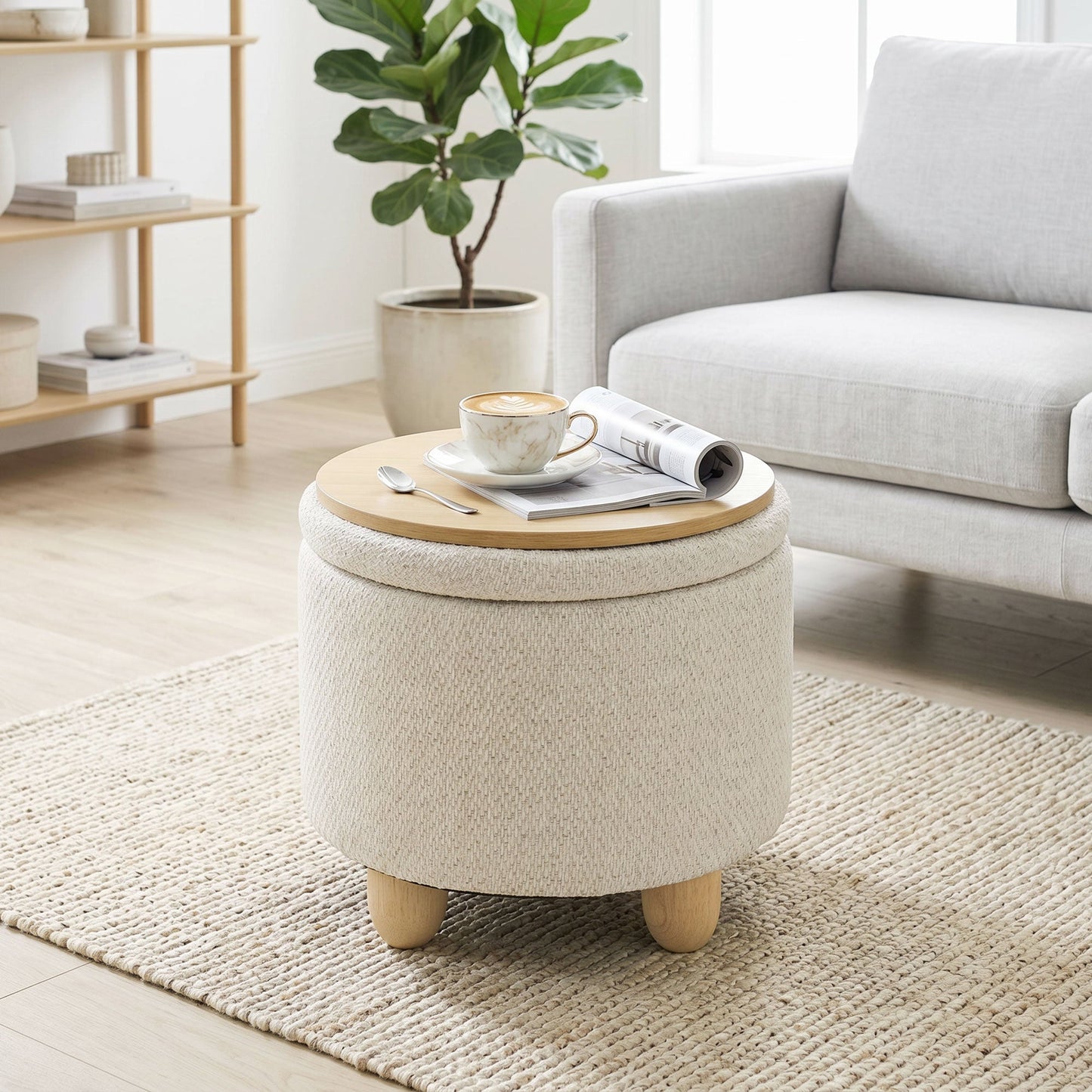 Storage Ottoman, Burlap Fabric Round Small Ottoman Foot Rest with Lid, Rubberwood Legs, End of Bed Bench Footstool for Bedroom, Hallway, Living Room, 38.5 x 38.5 cm, Beige