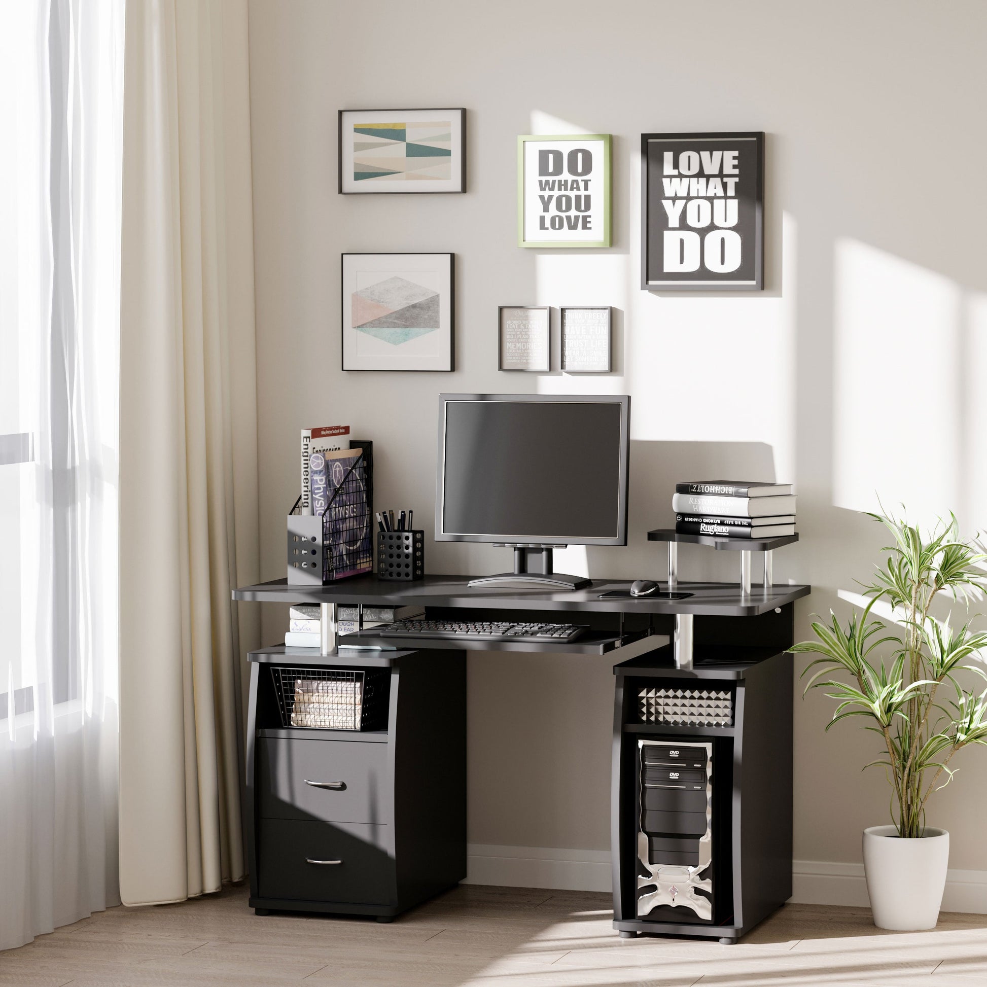 HOMCOM Computer Desk Office PC Table Workstation with Keyboard Tray, CPU Shelf, Drawers, Sliding Scanner Shelf, Black