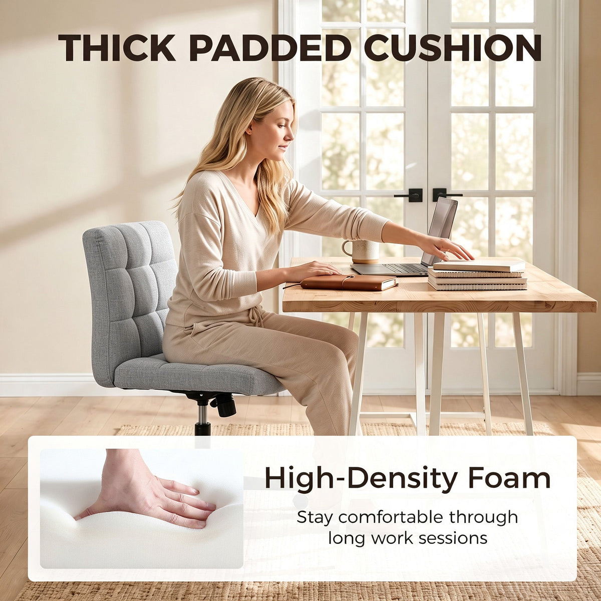 Armless Office Chair, Cross Legged Linen Computer Desk Vanity Chair with Wide Seat, Rocking Function, Swivel, Adjustable Height for Home Office, Study, Bedroom, Makeup, Grey