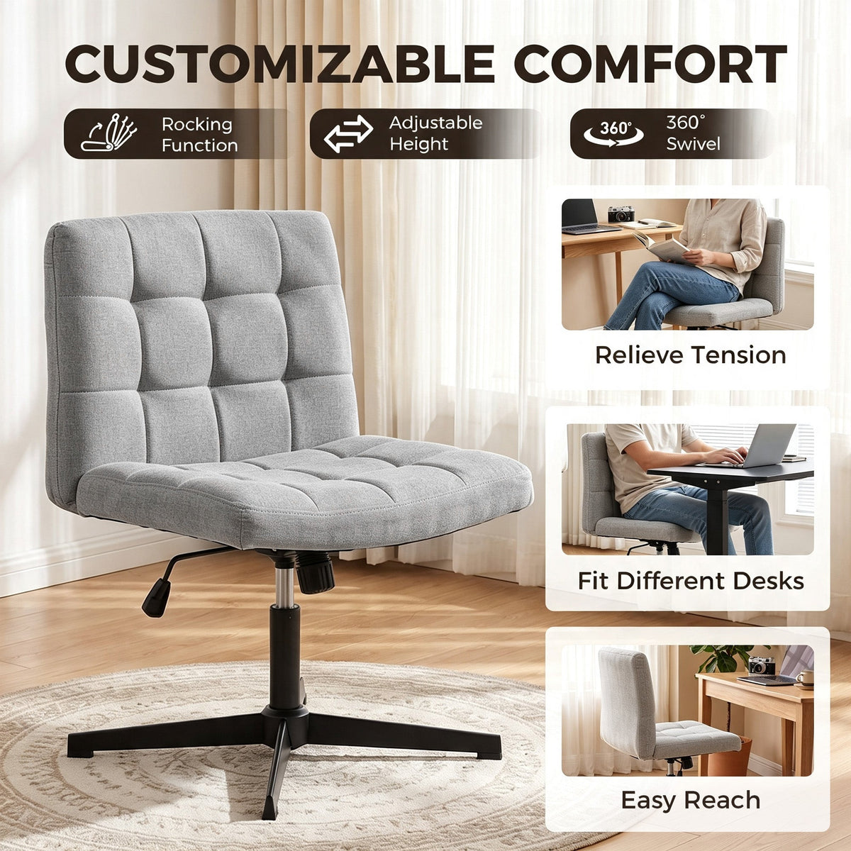 Armless Office Chair, Cross Legged Linen Computer Desk Vanity Chair with Wide Seat, Rocking Function, Swivel, Adjustable Height for Home Office, Study, Bedroom, Makeup, Grey