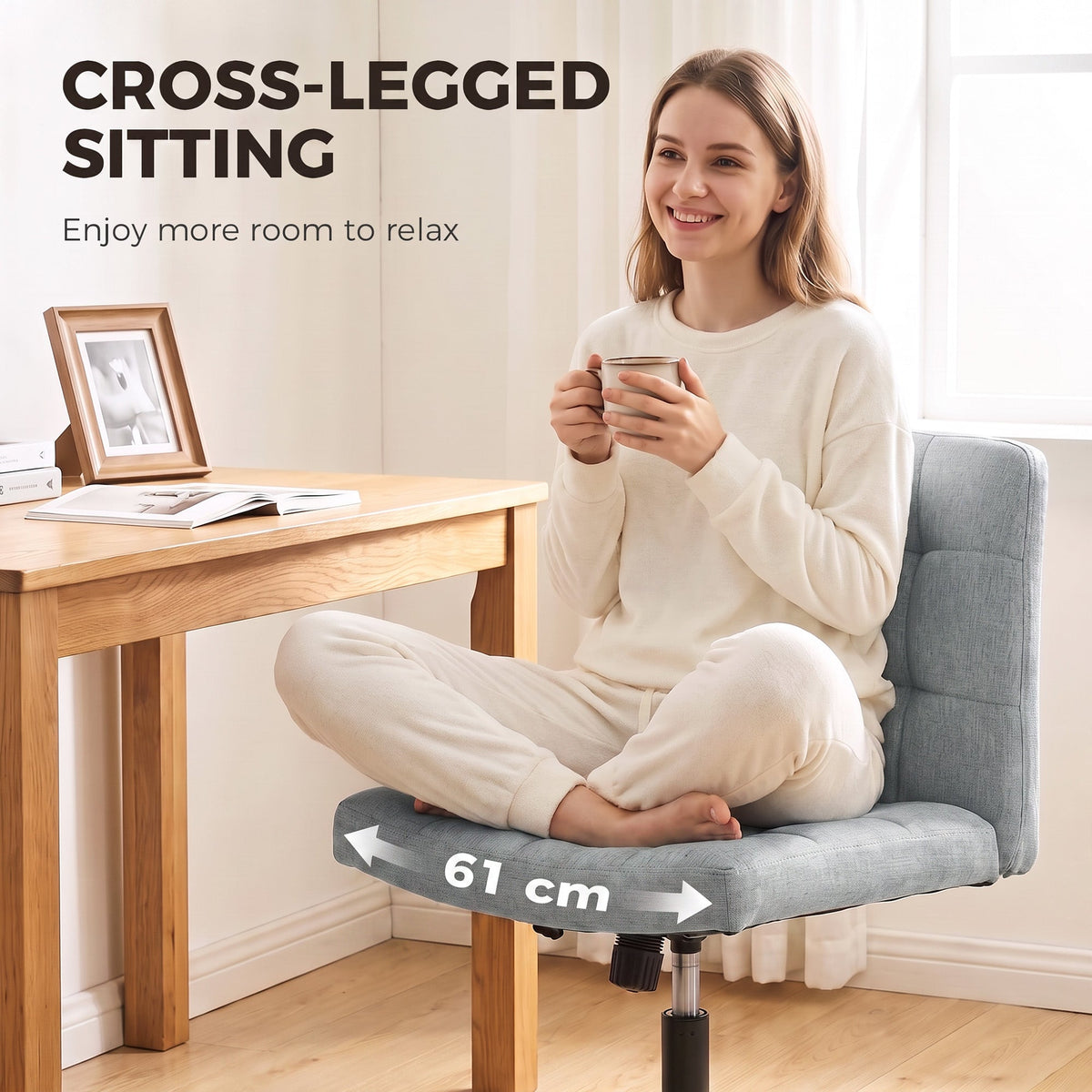 Armless Office Chair, Cross Legged Linen Computer Desk Vanity Chair with Wide Seat, Rocking Function, Swivel, Adjustable Height for Home Office, Study, Bedroom, Makeup, Grey