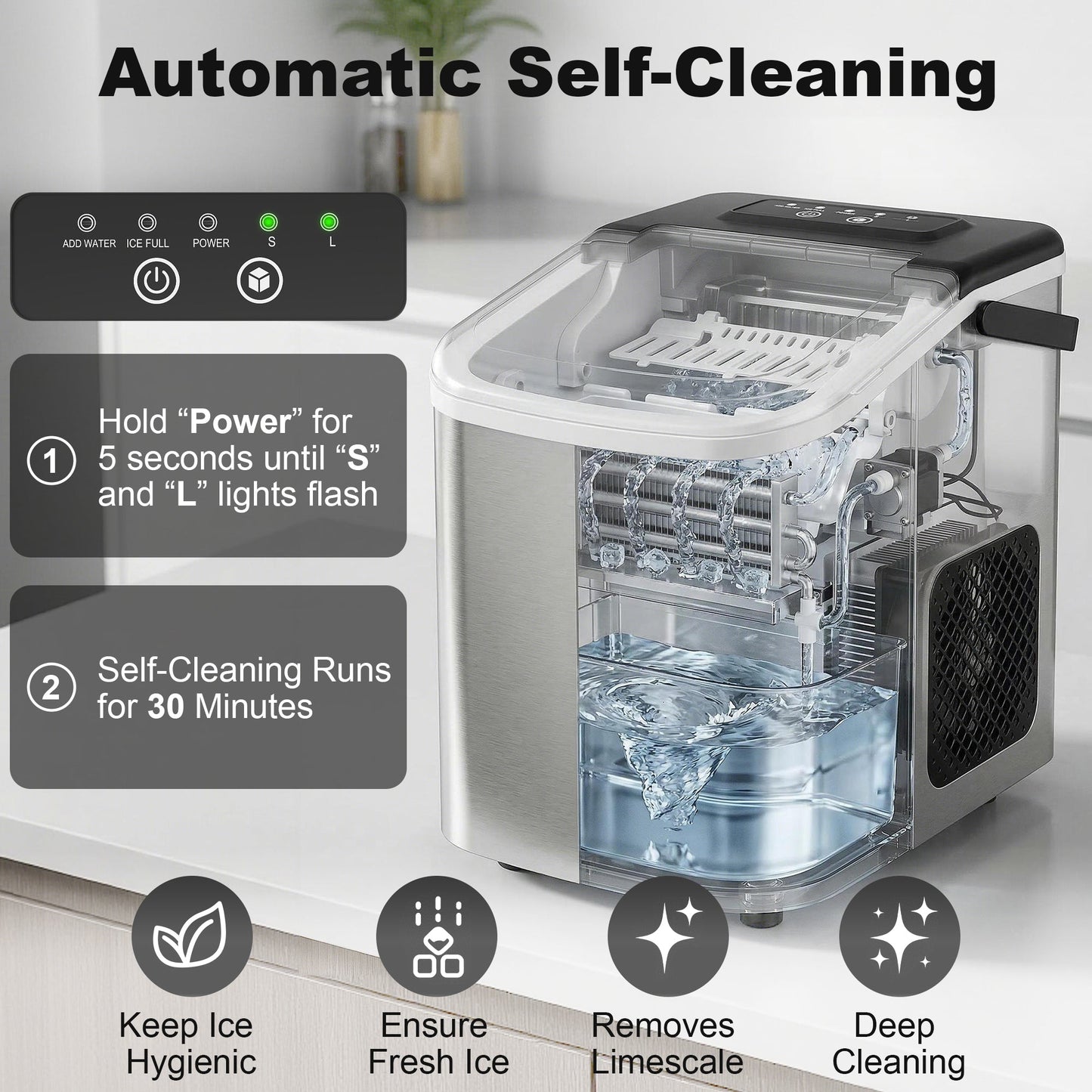 Ice Maker Machine Countertop, 9 Cubes Ready in 7 Mins, 12 KG in 24Hrs, 2 Sizes of Bullet, Self-Cleaning Ice Machine with Portable Handle, Scoop and Basket for Home Kitchen Office RV