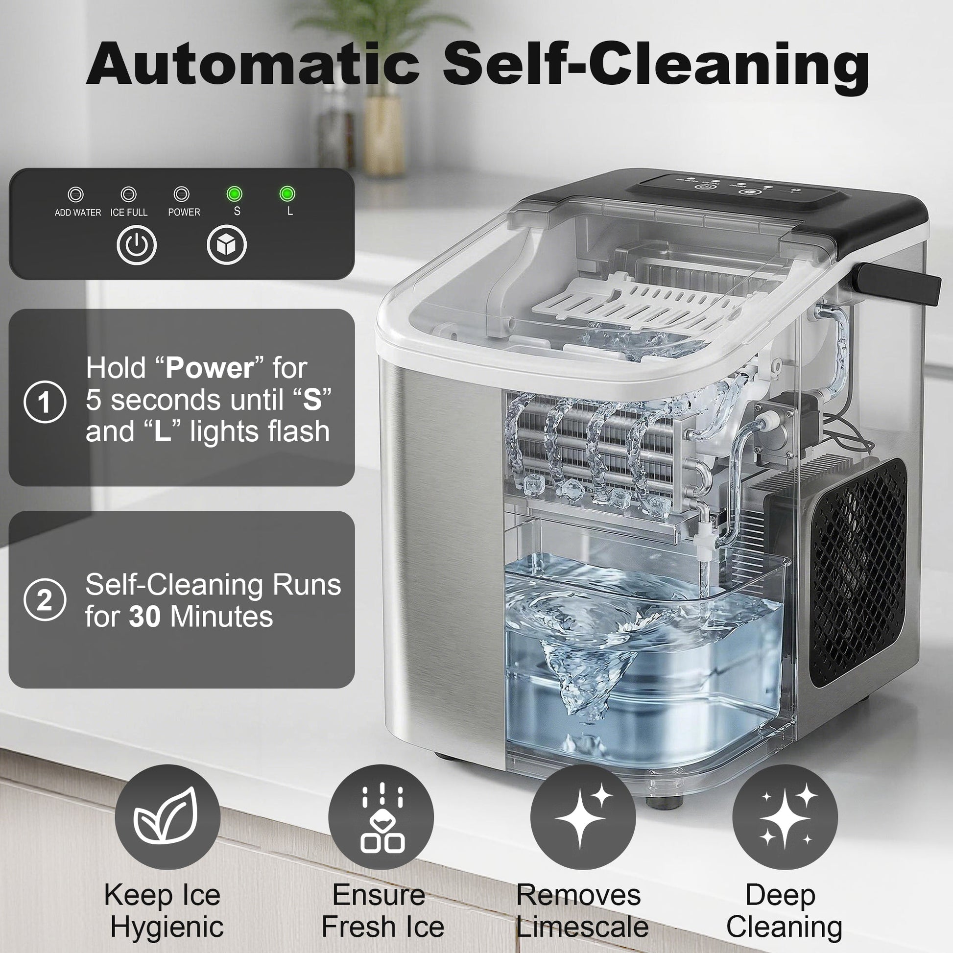 Ice Maker Machine Countertop, 9 Cubes Ready in 7 Mins, 12 KG in 24Hrs, 2 Sizes of Bullet, Self-Cleaning Ice Machine with Portable Handle, Scoop and Basket for Home Kitchen Office RV