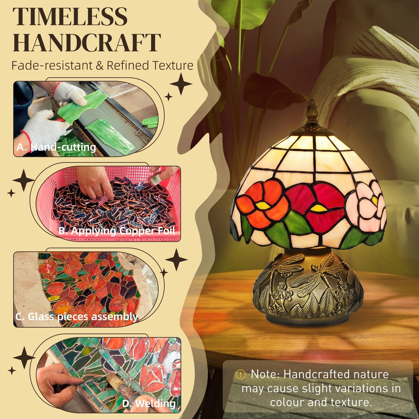 Tiffany-Style Table Lamp with Sculpted Dragonfly Base, Handcrafted Classic Stained Glass Bedside Lamp for Living Room and Bedroom, E27 Socket, Multi-Coloured