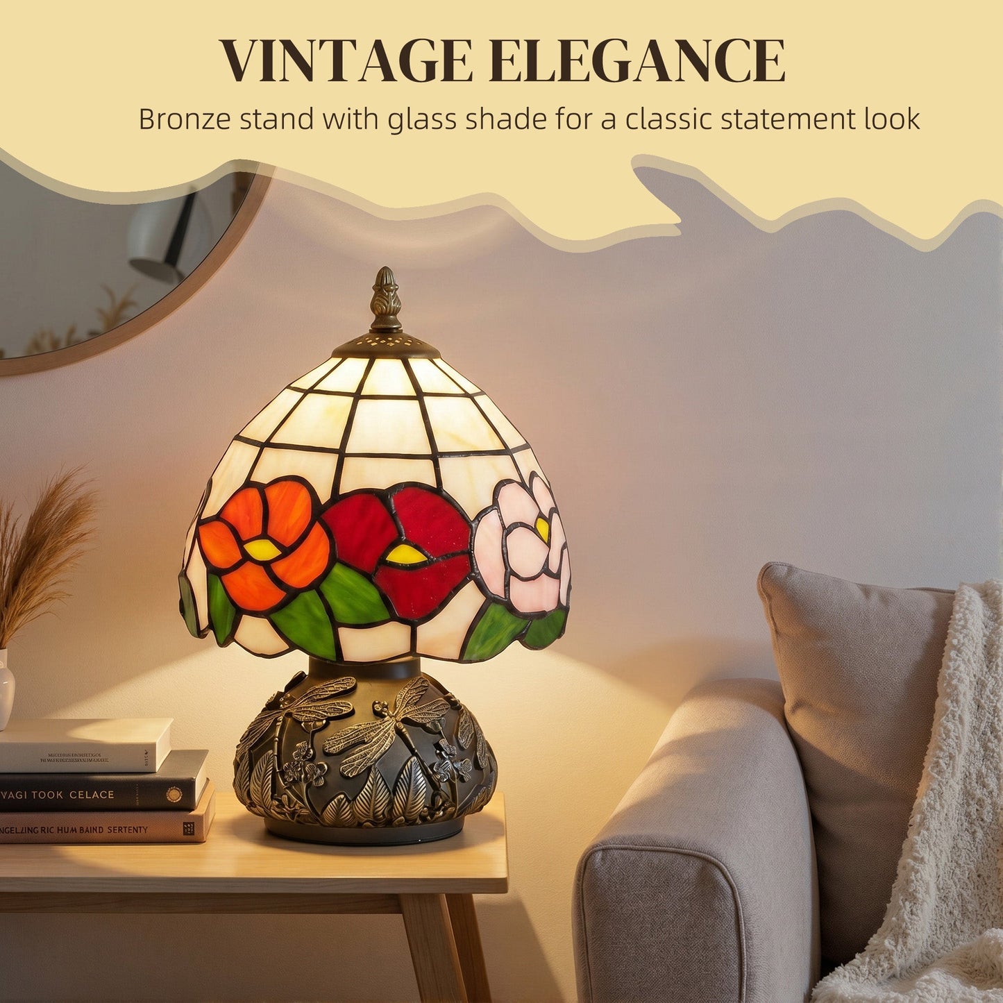 Tiffany-Style Table Lamp with Sculpted Dragonfly Base, Handcrafted Classic Stained Glass Bedside Lamp for Living Room and Bedroom, E27 Socket, Multi-Coloured