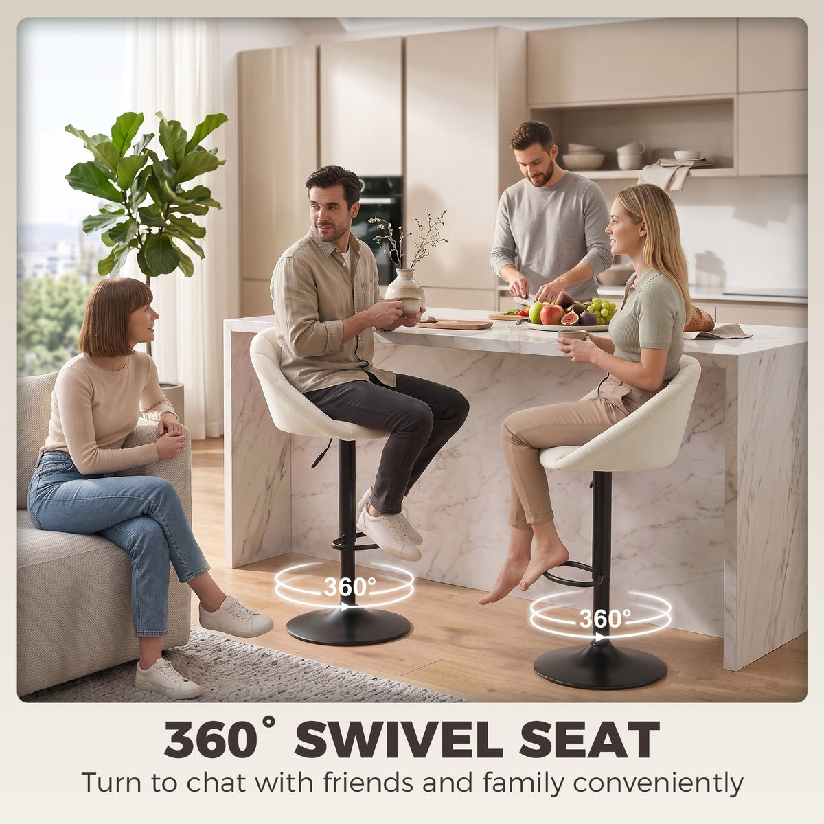 Breakfast Bar Stools Set of 2, Modern Velvet-Feel Swivel BarStools, Adjustable Counter Height Bar Chairs with Backrest and Footrest for Kitchen Island, Dining Room, Bar, Cream White