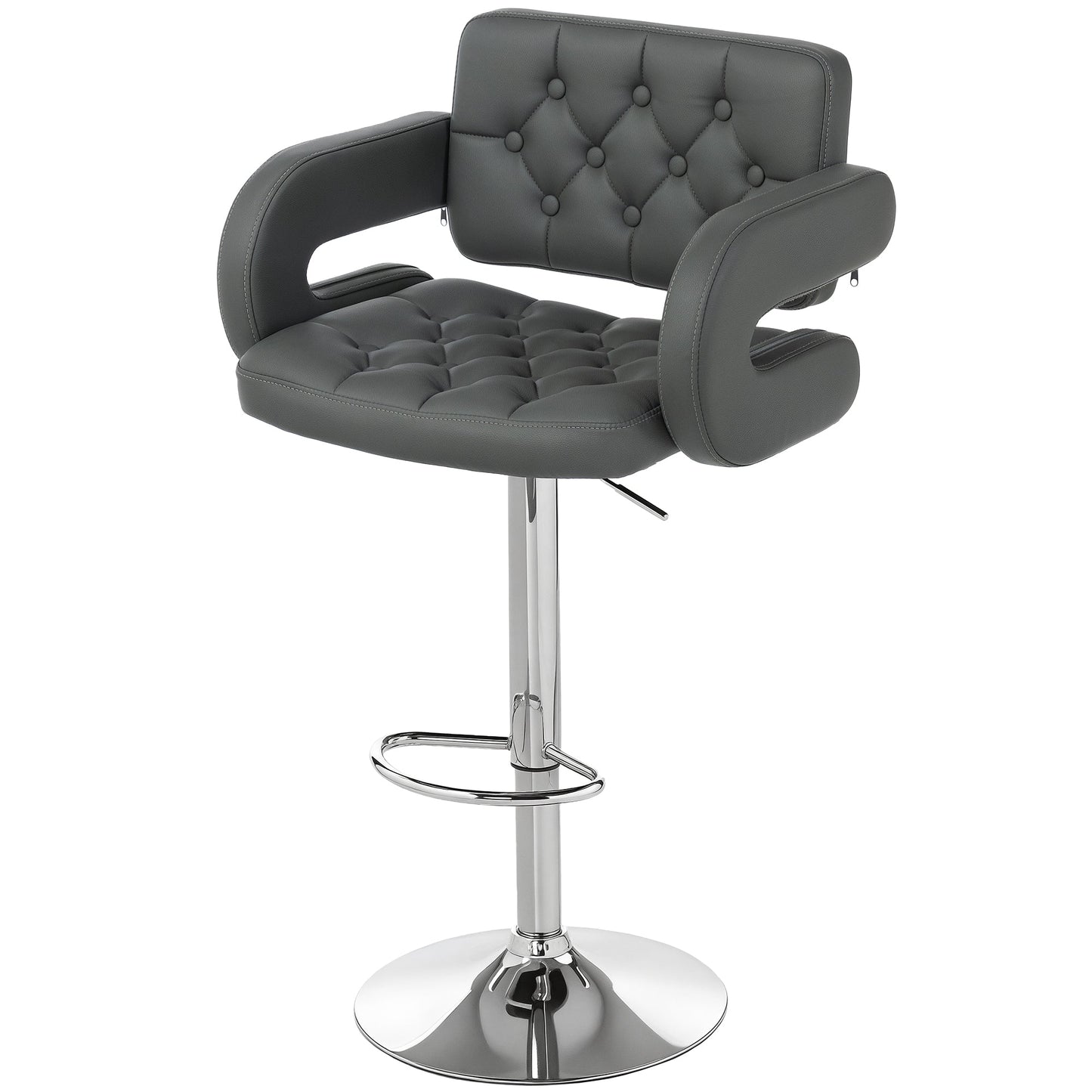 Swivel Bar Stool with Extra Large Seat, PU Leather Upholstered Adjustable Barstool with Back, Arm and Footrest, Breakfast Bar Chair for Bistro, Kitchen, Grey