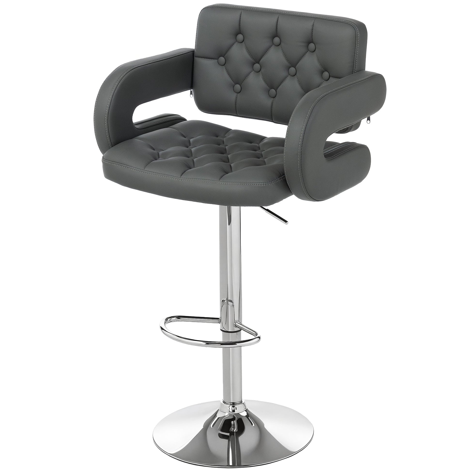 Swivel Bar Stool with Extra Large Seat, PU Leather Upholstered Adjustable Barstool with Back, Arm and Footrest, Breakfast Bar Chair for Bistro, Kitchen, Grey
