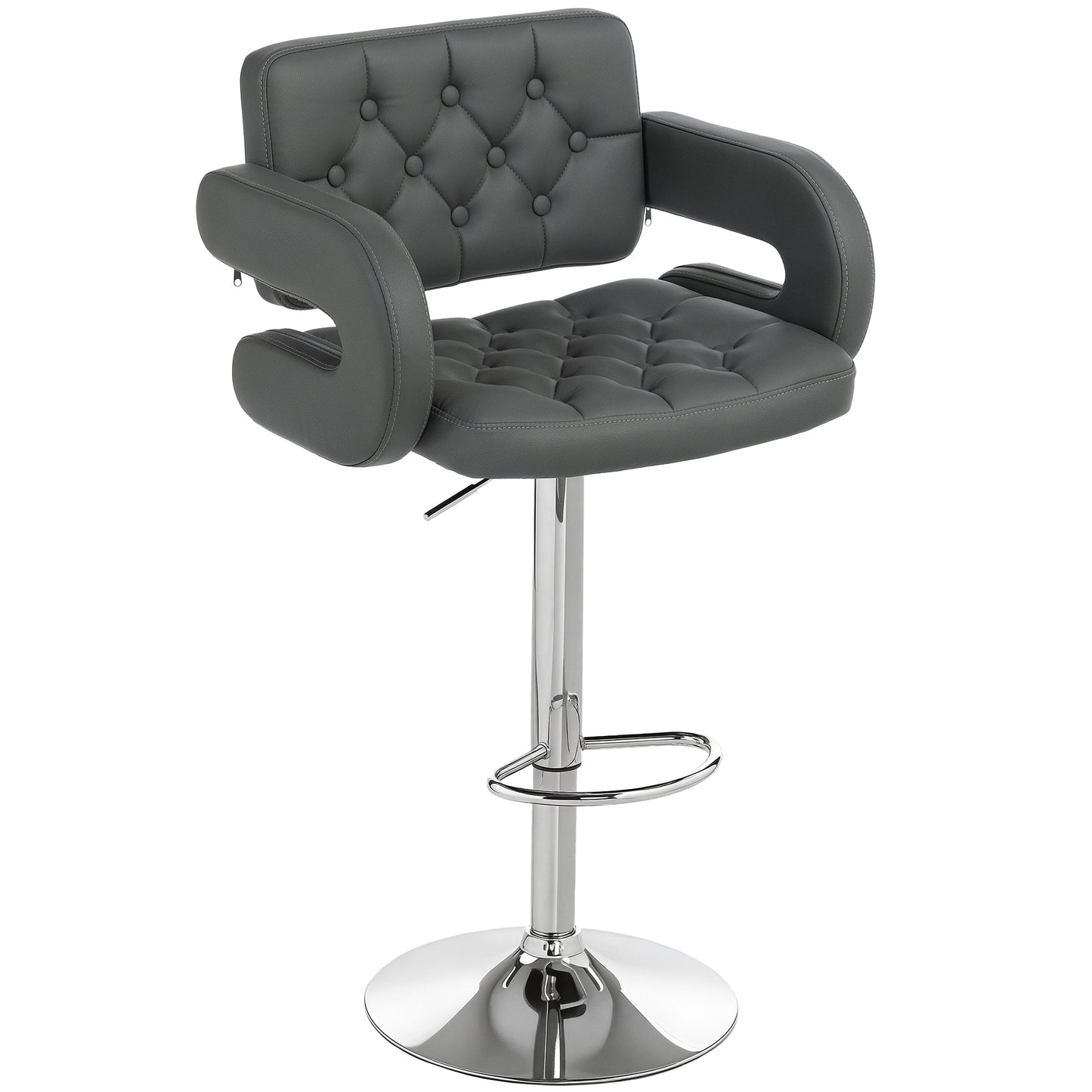 Swivel Bar Stool with Extra Large Seat, PU Leather Upholstered Adjustable Barstool with Back, Arm and Footrest, Breakfast Bar Chair for Bistro, Kitchen, Grey