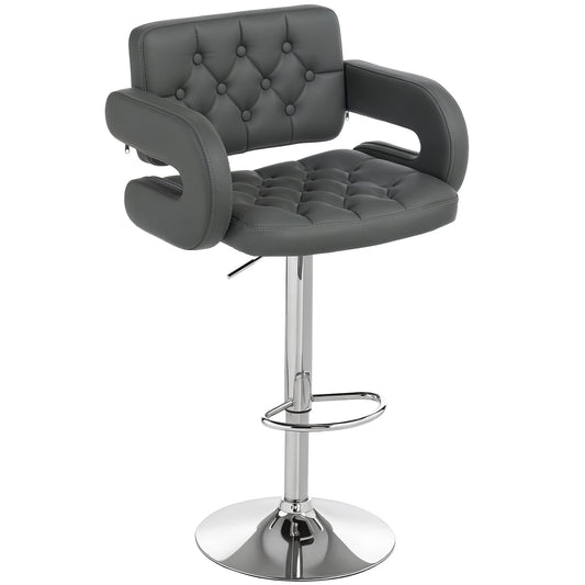 Swivel Bar Stool with Extra Large Seat, PU Leather Upholstered Adjustable Barstool with Back, Arm and Footrest, Breakfast Bar Chair for Bistro, Kitchen, Grey