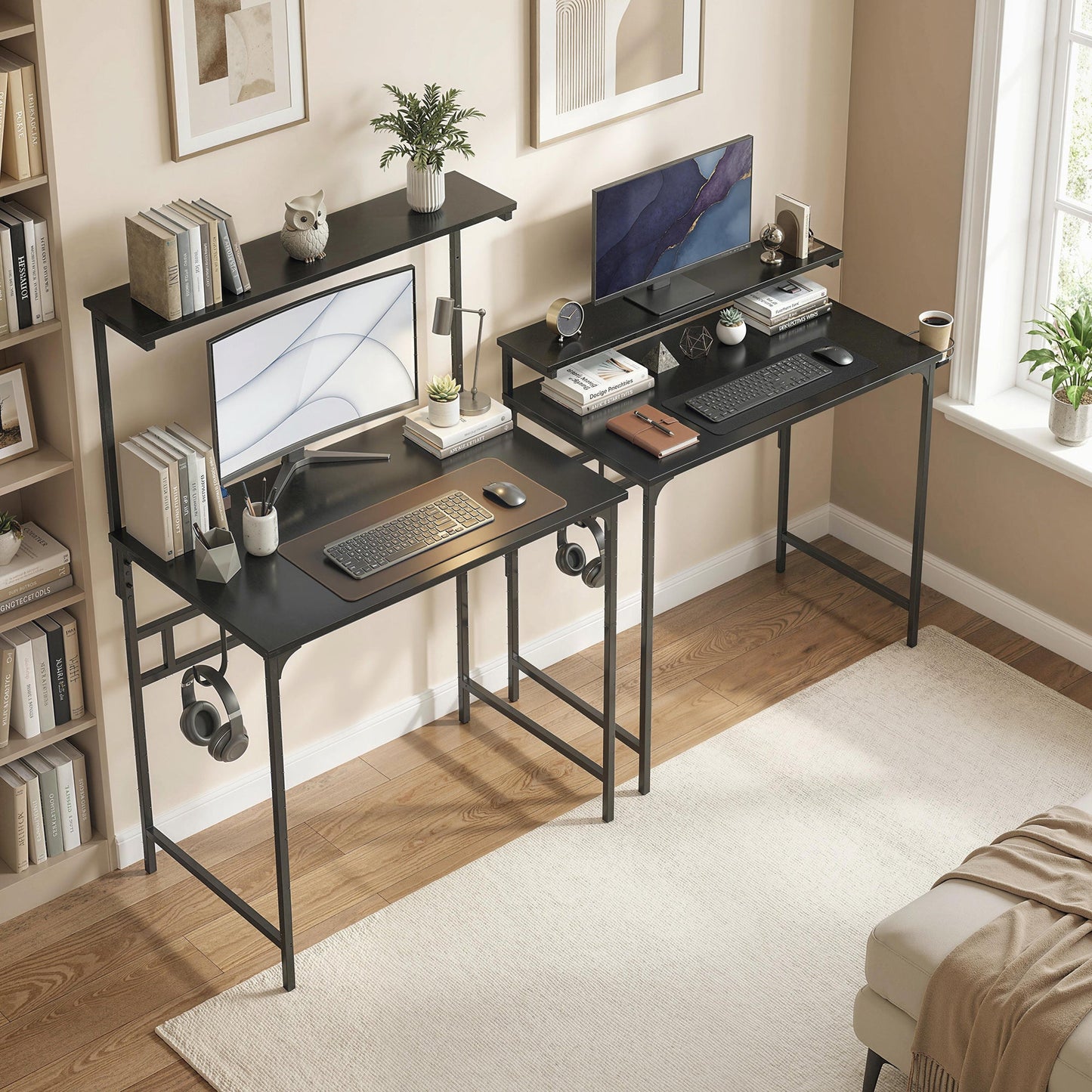 Computer Desk, 80cm Home Office Study Table with Hutch Shelf, Cup Holder, Headphone Hook, Metal Frame, Space Saving Writing Desk, Black
