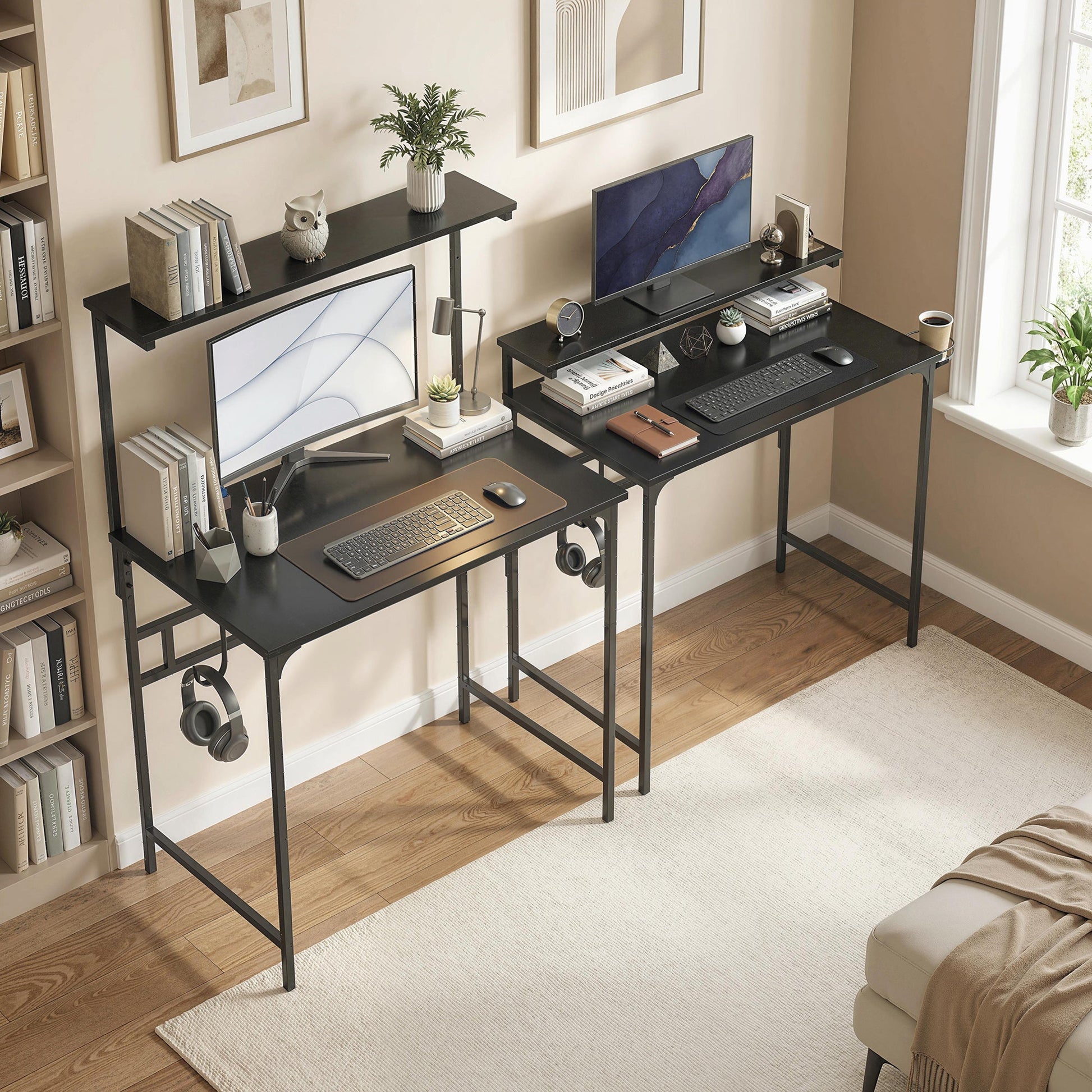 Computer Desk, 80cm Home Office Study Table with Hutch Shelf, Cup Holder, Headphone Hook, Metal Frame, Space Saving Writing Desk, Black