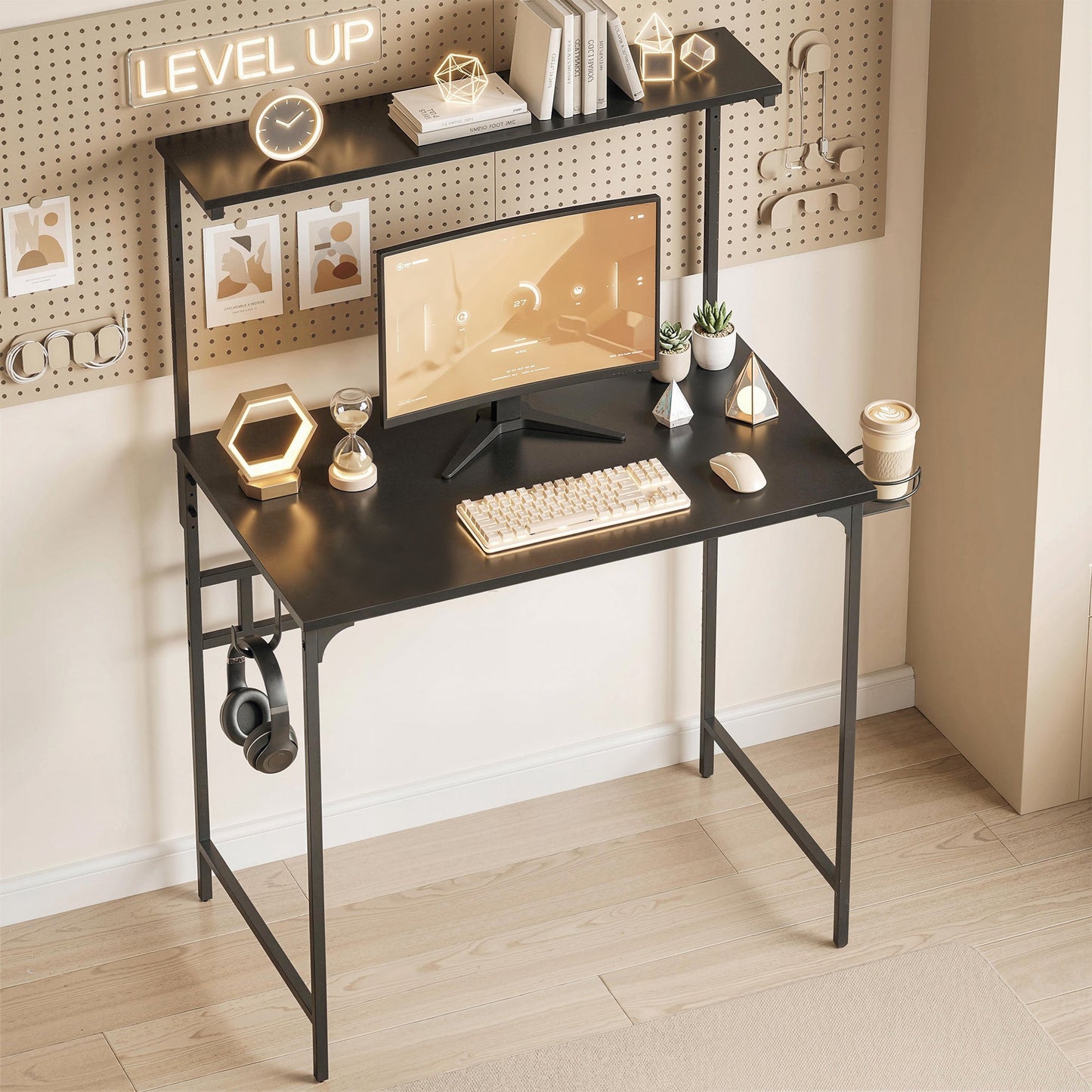 Computer Desk, 80cm Home Office Study Table with Hutch Shelf, Cup Holder, Headphone Hook, Metal Frame, Space Saving Writing Desk, Black