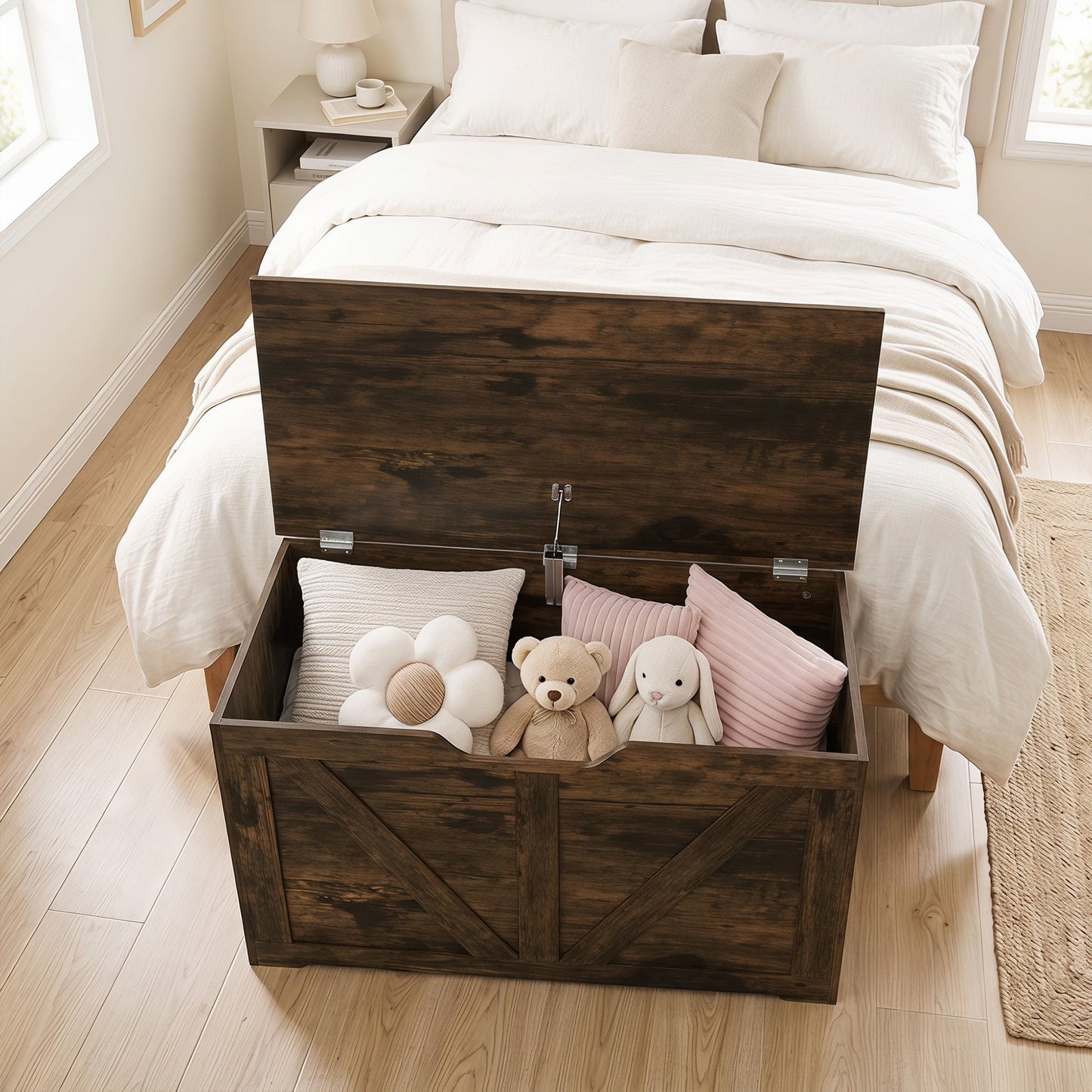 100L Storage Chest, Shoe Storage Trunk Bench Box with Safety Hinge and U-shaped Cut-out Pull, Blanket Box Ottoman for Bedroom, Living Room, Entryway, 80 x 40 x 45 cm, Rustic Brown Wood-Effect